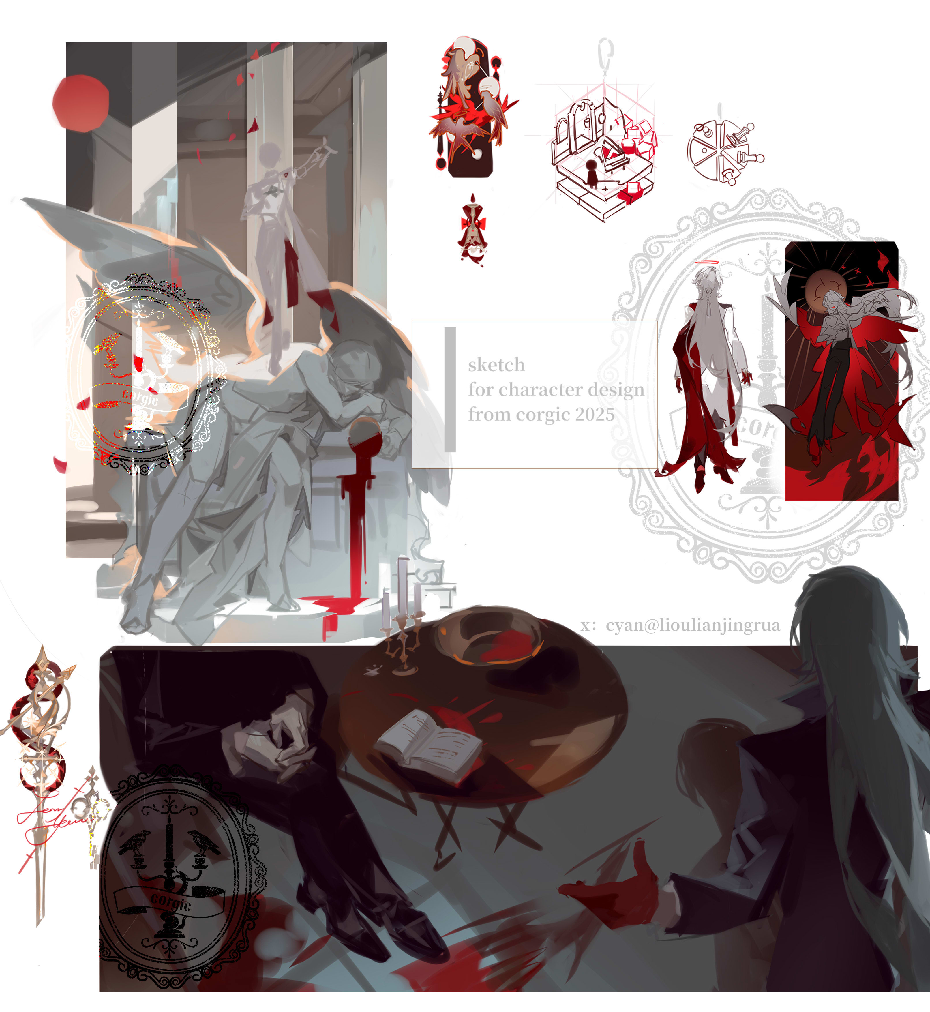 liulianjingrua, original, absurdres, highres, 1boy, 1other, angel, angel wings, blood, book, candle, chair, cup, dress, drinking glass, english text, formal clothes, gloves, halo, high heels, holding, long hair, male focus, multiple boys, multiple views, on chair, petals, pool of blood, sitting, table, veil, weapon, white hair, wings