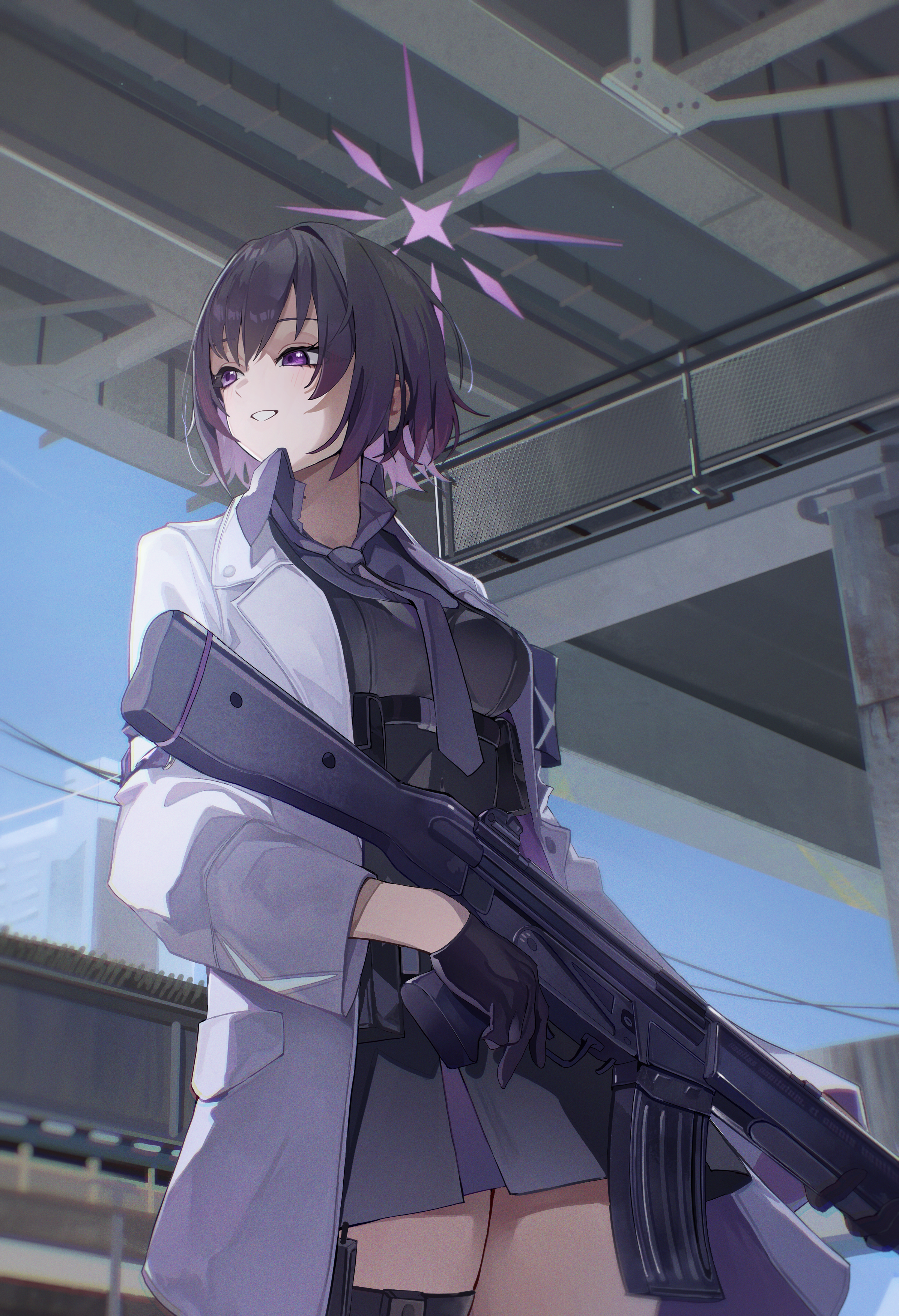 megu (jim48834420), subaru (blue archive), blue archive, absurdres, highres, 1girl, armband, assault rifle, black hair, breasts, coat, gloves, grey shirt, gun, halo, jacket, necktie, purple eyes, purple hair, purple halo, purple necktie, rifle, shirt, short hair, solo, weapon, white coat, white jacket