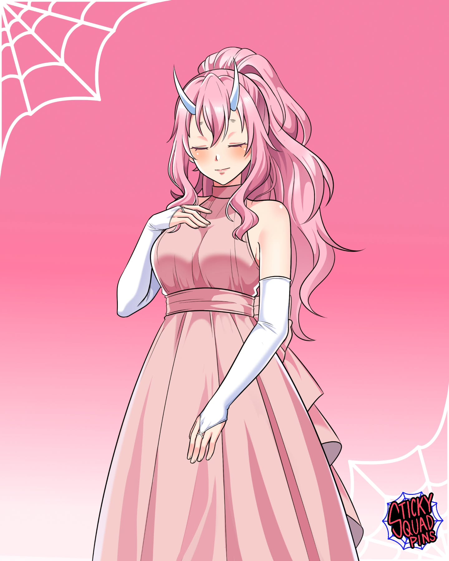 shuna (tensura), tensei shitara slime datta ken, commentary, english commentary, highres, 1girl, breasts, bridal gauntlets, closed eyes, dress, heyreza.art, high ponytail, horns, long dress, long hair, medium breasts, pink background, pink dress, ponytail, short eyebrows, smile, solo, turtleneck, turtleneck dress, white bridal gauntlets, white horns