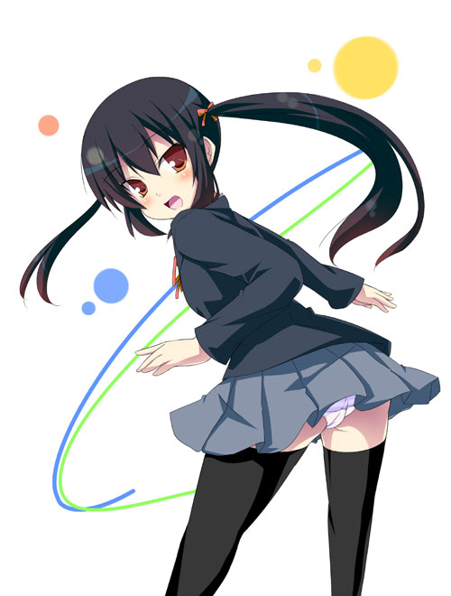 tekehiro, nakano azusa, k-on!, 00s, 1girl, female focus, looking back, panties, school uniform, solo, thighhighs, underwear, white background, zettai ryouiki