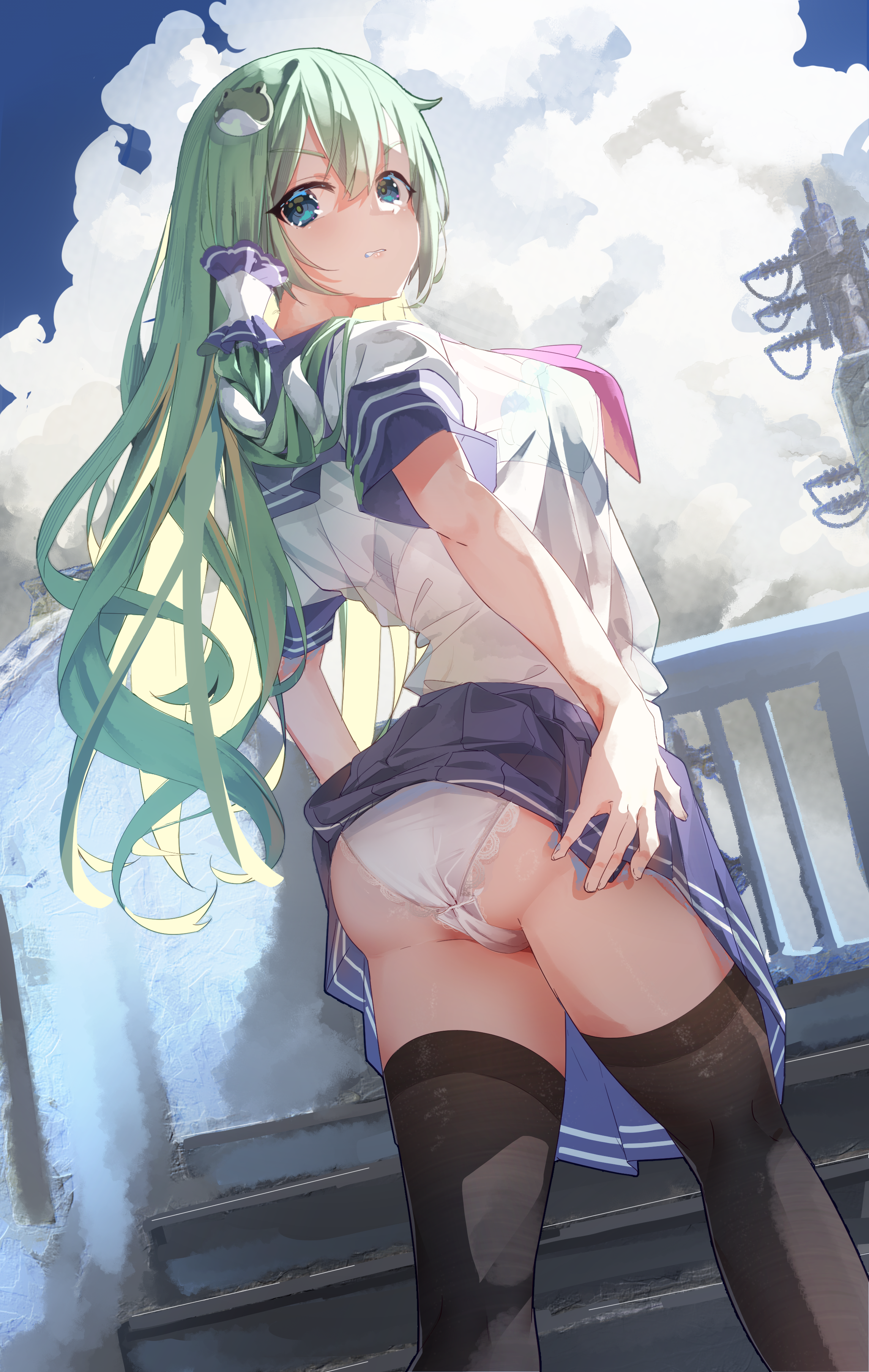 boqee, kochiya sanae, touhou, absurdres, highres, 1girl, ass, black thighhighs, blue sailor collar, blush, breasts, clothes lift, frog, frog hair ornament, green eyes, green hair, hair ornament, hair tubes, large breasts, long hair, looking at viewer, looking back, neckerchief, outdoors, panties, pantyshot, red neckerchief, sailor collar, school uniform, serafuku, short sleeves, single hair tube, skirt, skirt lift, snake, snake hair ornament, solo, thighhighs, underwear, white panties