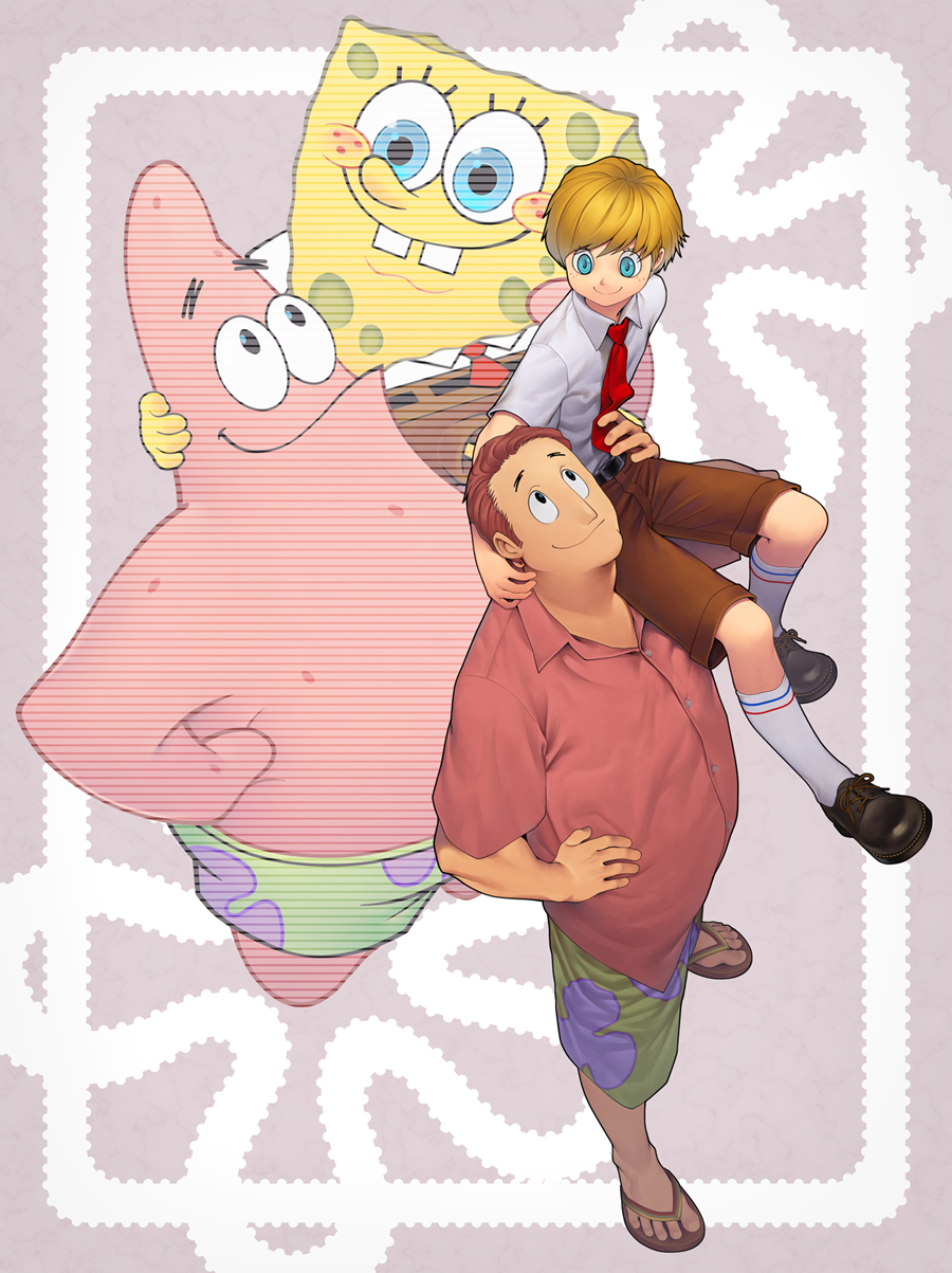 manahi, patrick star, spongebob squarepants, nickelodeon, spongebob squarepants (series), highres, 2boys, animification, belt, blonde hair, blue eyes, blush, brown hair, carrying, flip-flops, freckles, from above, happy, male focus, multiple boys, necktie, personification, sandals, shoes, shorts, shoulder carry, sitting, sitting on shoulder, smile, socks, sponge, teeth