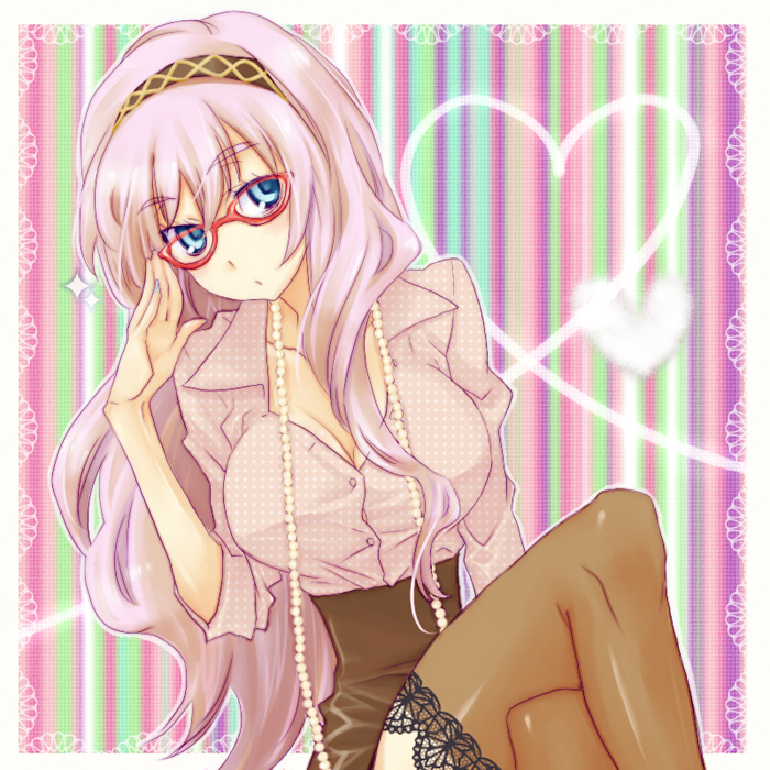 mikipa, megurine luka, vocaloid, bad id, bad pixiv id, 1girl, adjusting eyewear, bespectacled, blue eyes, breasts, cleavage, crossed legs, female focus, glasses, large breasts, long hair, looking at viewer, pink hair, sitting, sleeves rolled up, solo, thighhighs