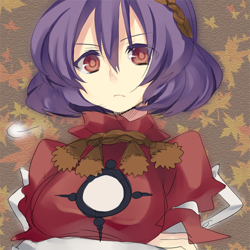 hanepochi, yasaka kanako, touhou, lowres, 1girl, female focus, purple hair, red eyes, short hair, sketch, solo, upper body