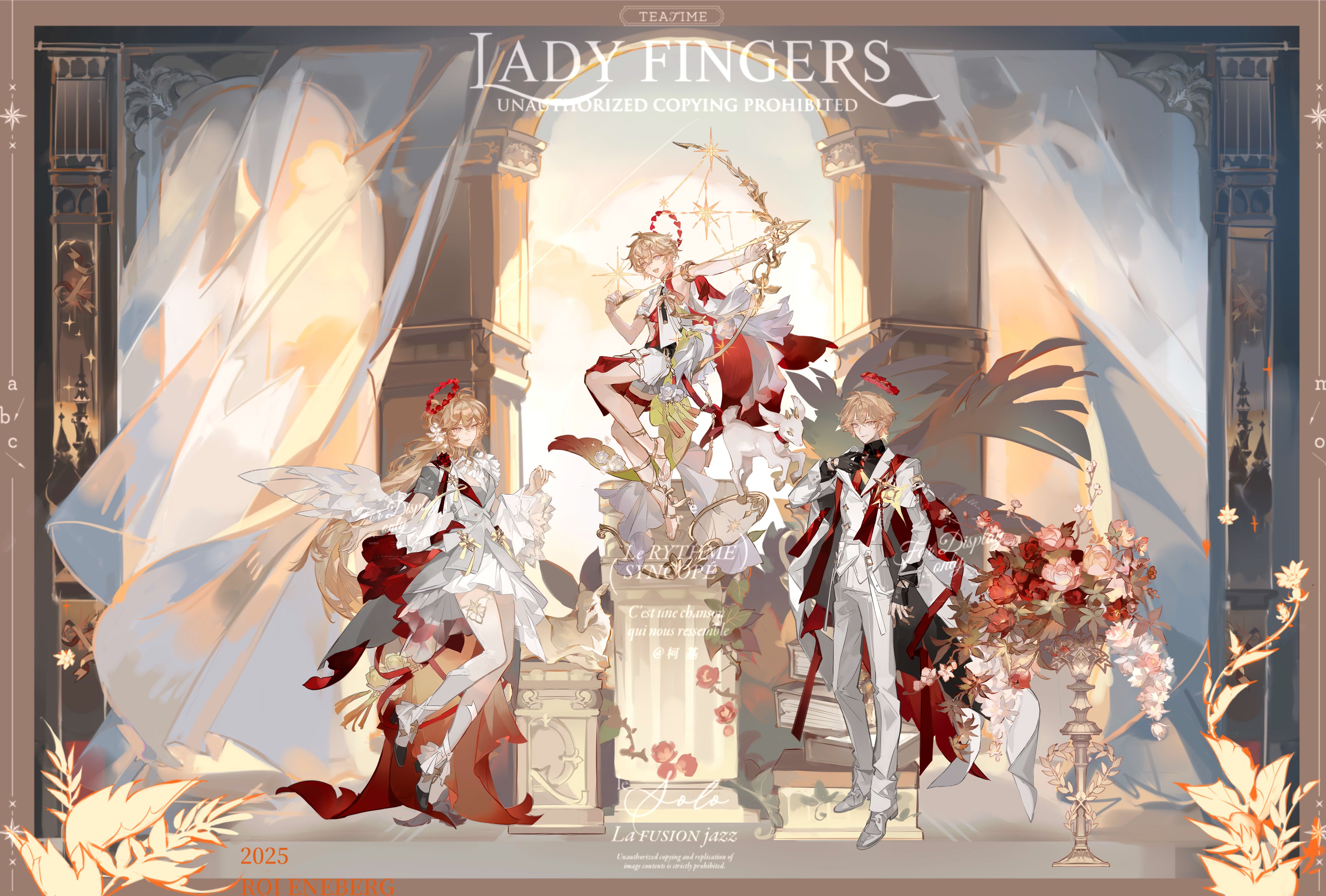 liulianjingrua, original, absurdres, highres, 1girl, 2boys, angel wings, blonde hair, bow (weapon), cape, capelet, curtains, day, dress, english text, feathered wings, flower, formal clothes, frilled sleeves, frills, full body, hair between eyes, hair flower, hair ornament, halo, high heels, holding, holding bow (weapon), holding weapon, long hair, long sleeves, multiple boys, pants, pillar, pink flower, red flower, shirt, short hair, shorts, sleeveless, star (symbol), stone pillar, weapon, white dress, white pants, white wings, wide sleeves, wings