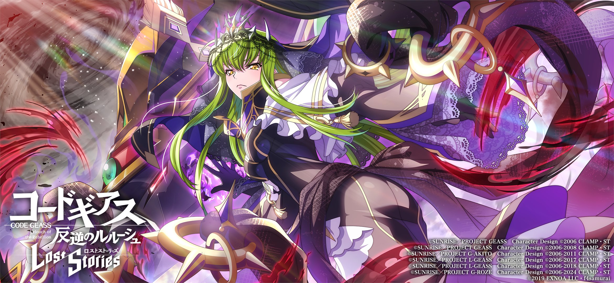 f4samurai, c.c., code geass, code geass: lost stories, commentary request, highres, official art, 1girl, black dress, breasts, dress, green hair, long hair, sidelocks, solo, tiara, yellow eyes