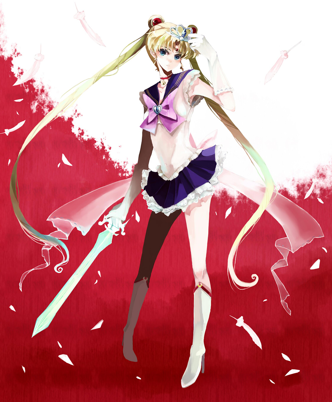 nako, nako (nonrain), princess sailor moon, sailor moon, tsukino usagi, bishoujo senshi sailor moon, pretty guardian sailor moon, bad id, bad pixiv id, highres, 1990s (style), 1girl, blonde hair, blue eyes, blue sailor collar, blue skirt, boots, bow, brooch, choker, crown, double bun, elbow gloves, feathers, female focus, full body, gloves, hair bun, heart, heart brooch, high heels, jewelry, knee boots, long hair, magical girl, pink bow, red background, retro artstyle, ribbon, sailor collar, serious, shoes, skirt, solo, sword, tiara, twintails, very long hair, weapon, white gloves