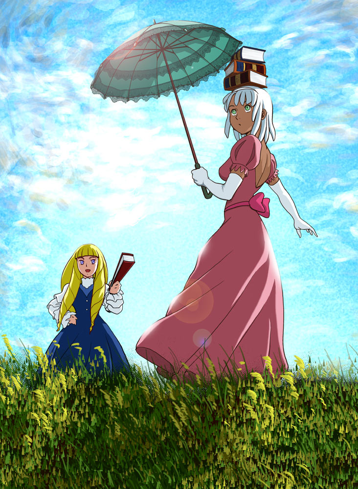keso, vincentvega, kihel heim, laura rolla, loran cehack, gundam, turn a gundam, woman with a parasol, 1boy, 1girl, backlighting, balancing, book, book stack, crossdressing, dark skin, day, elbow gloves, fine art parody, gloves, grass, hand fan, lens flare, object on head, outdoors, parasol, parody, sky, training, trap, umbrella, white gloves