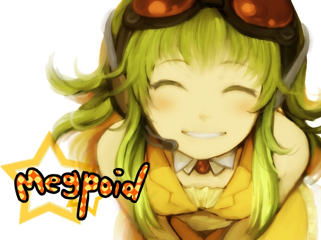 oharu, gumi, vocaloid, 1girl, character name, closed eyes, female focus, goggles, green hair, headphones, headset, smile, solo, white background, wing collar