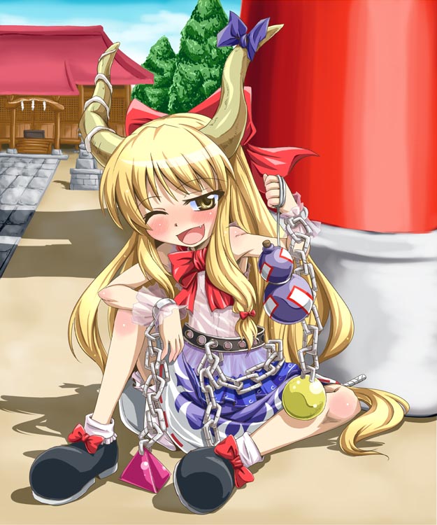 nikyu, nikyu2q (pixiv), ibuki suika, touhou, 1girl, blonde hair, chain, female focus, horns, long hair, outdoors, sky, solo, wink, yellow eyes