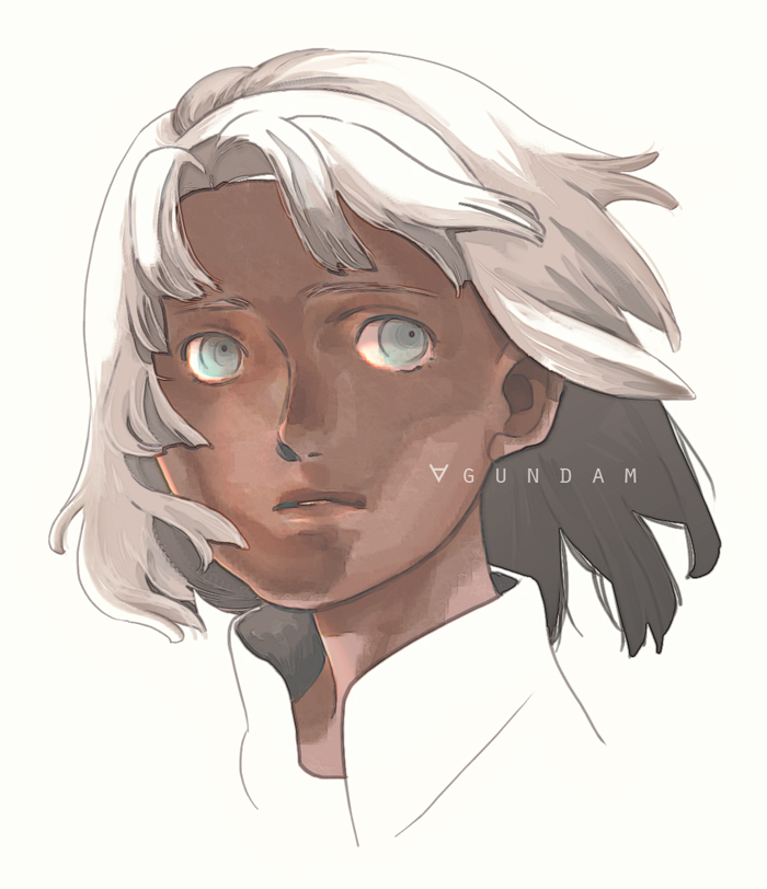 m otoko, loran cehack, gundam, turn a gundam, bad id, bad pixiv id, 1boy, dark-skinned male, dark skin, male focus, portrait, simple background, solo, upper body