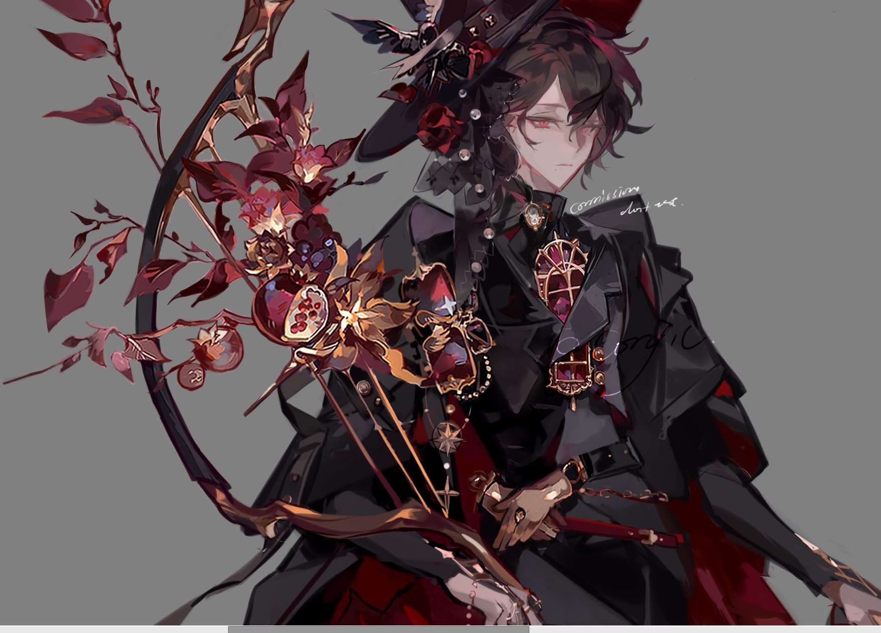 liulianjingrua, original, highres, 1boy, belt, black cloak, black hair, black hat, black veil, bow (weapon), branch, brooch, cape, cloak, flower, food, formal clothes, fruit, gem, grey background, hair between eyes, hair flower, hair ornament, hat, hat flower, holding, jewelry, long sleeves, male focus, pearl (gemstone), pomegranate, red eyes, red flower, rose, shirt, short hair, simple background, solo, upper body, veil, weapon