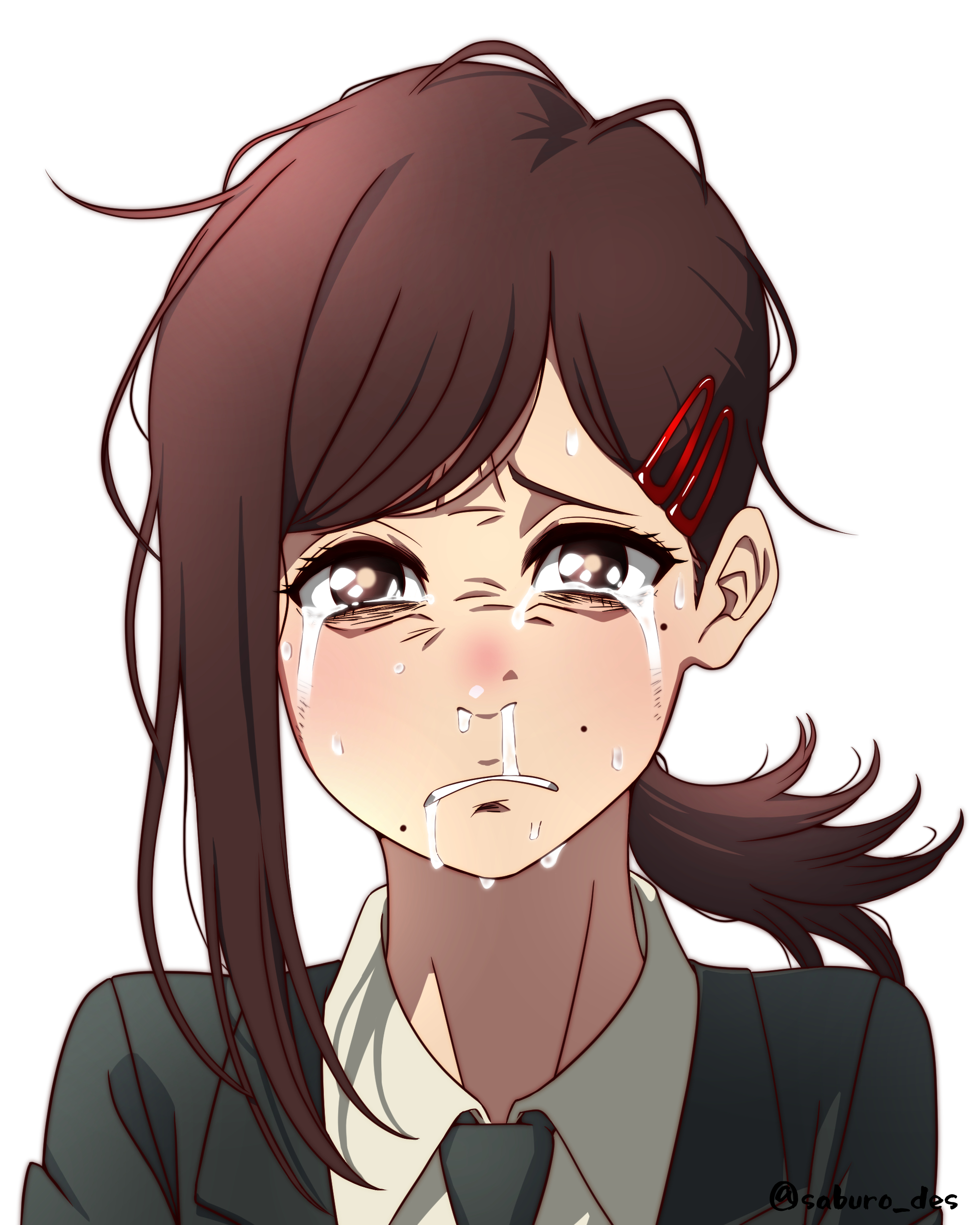 saburo des, higashiyama kobeni, chainsaw man, absurdres, commentary request, highres, textless version, 1girl, black jacket, black necktie, black skirt, brown eyes, brown hair, crying, drooling, frown, hair ornament, hairclip, jacket, mole, mole under eye, mole under mouth, multiple moles, necktie, ponytail, portrait, raised inner eyebrows, saliva, single sidelock, skirt, snot trail, solo, streaming tears, sweat, tears, twitter username