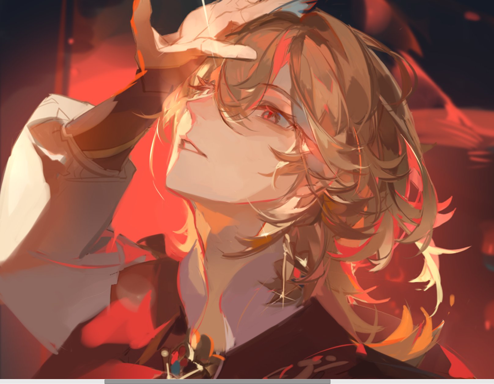 liulianjingrua, kaveh (genshin impact), genshin impact, commentary, highres, symbol-only commentary, 1boy, arm up, blonde hair, capelet, hair between eyes, long hair, long sleeves, looking up, male focus, parted lips, solo, upper body