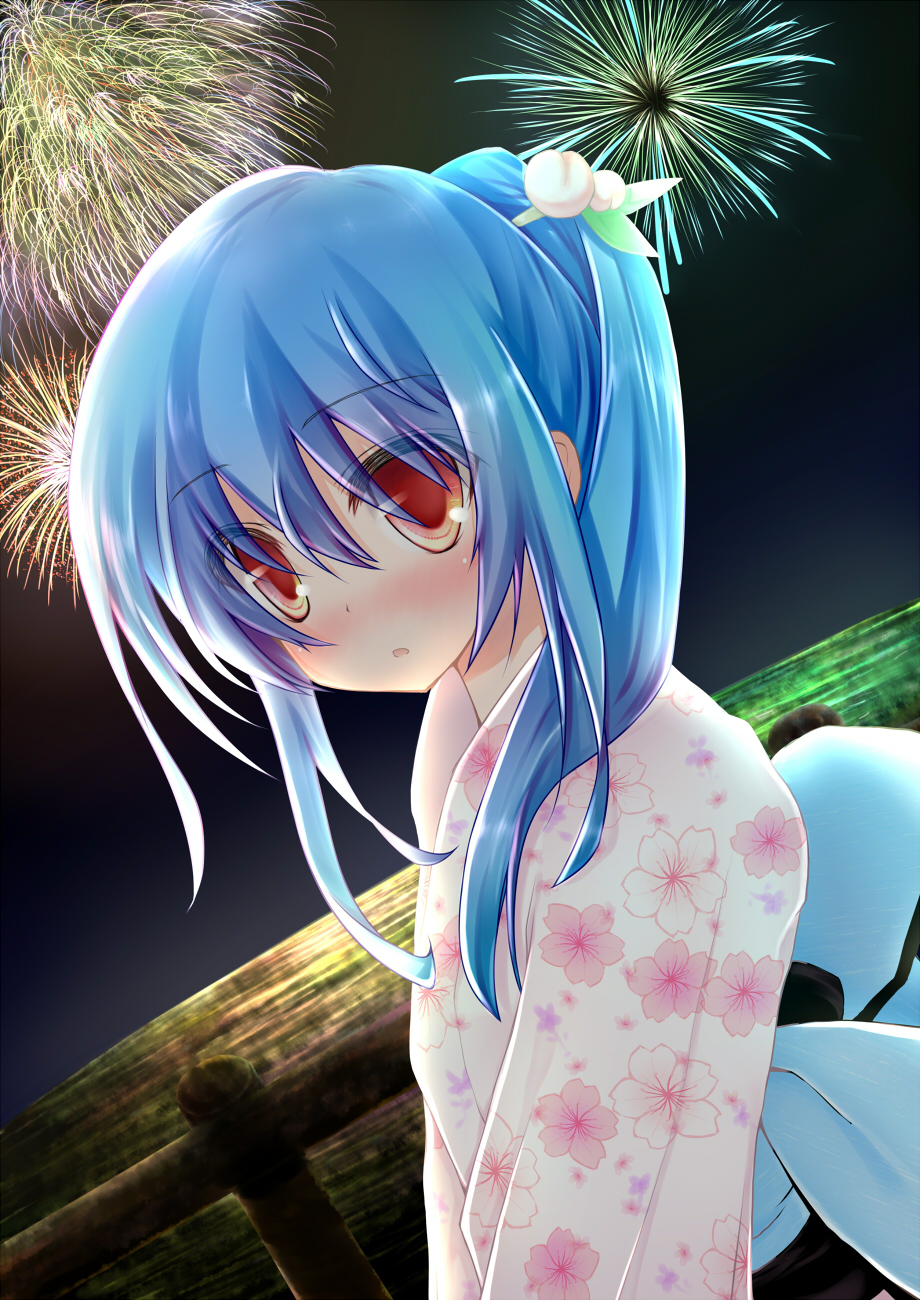 imachi (staccato squirrel), hinanawi tenshi, touhou, highres, 1girl, aerial fireworks, alternate costume, alternate hairstyle, blue hair, female focus, fireworks, floral print, food, fruit, japanese clothes, kimono, long hair, looking at viewer, peach, ponytail, red eyes, solo