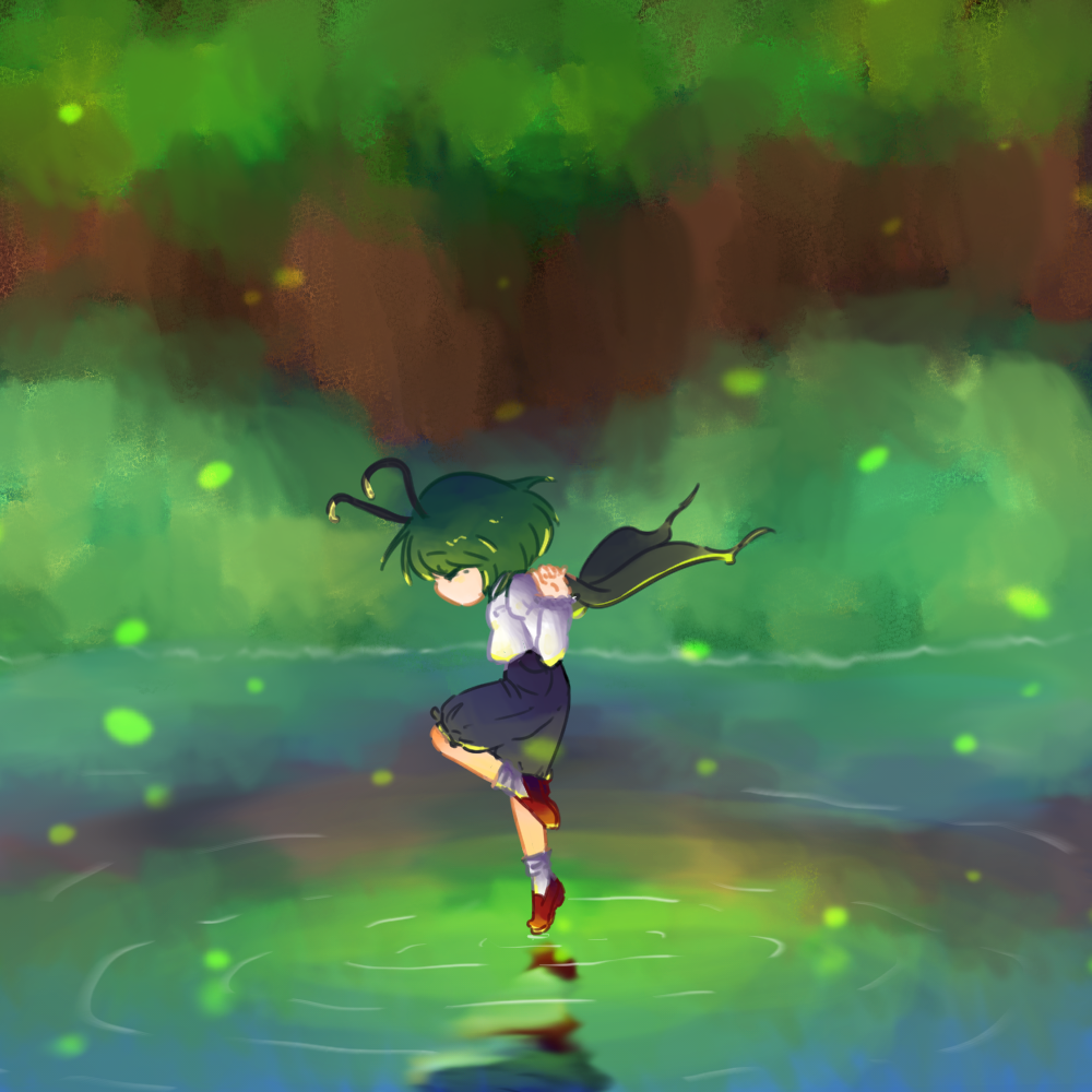 myose mo, wriggle nightbug, touhou, bilingual commentary, commentary, mixed-language commentary, 1girl, antennae, black cape, black shorts, brown shoes, cape, closed eyes, fireflies, from side, green hair, hand up, landing, long sleeves, outdoors, pond, profile, reflection, shirt, shoes, short hair, shorts, socks, solo, standing, standing on liquid, waves, white shirt, white socks