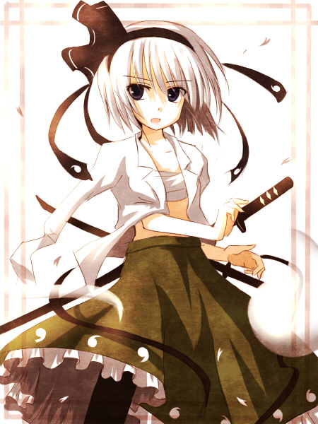 mashayuki, konpaku youmu, konpaku youmu (ghost), touhou, silver hair, 1girl, chest sarashi, female focus, ghost, hairband, hitodama, katana, open clothes, open shirt, pantyhose, sarashi, shirt, short hair, solo, sword, weapon