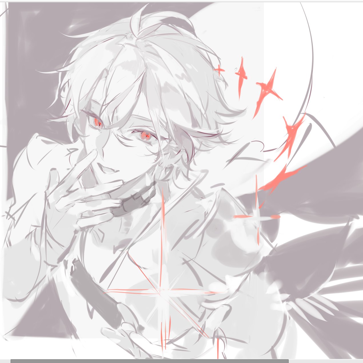 liulianjingrua, original, commentary, highres, symbol-only commentary, 1boy, armor, bishounen, from above, gloves, hair between eyes, hand up, looking at viewer, male focus, monochrome, open mouth, pale skin, red eyes, short hair, shoulder armor, sketch, smile, solo, sparkle, spot color, upper body, white hair, wings