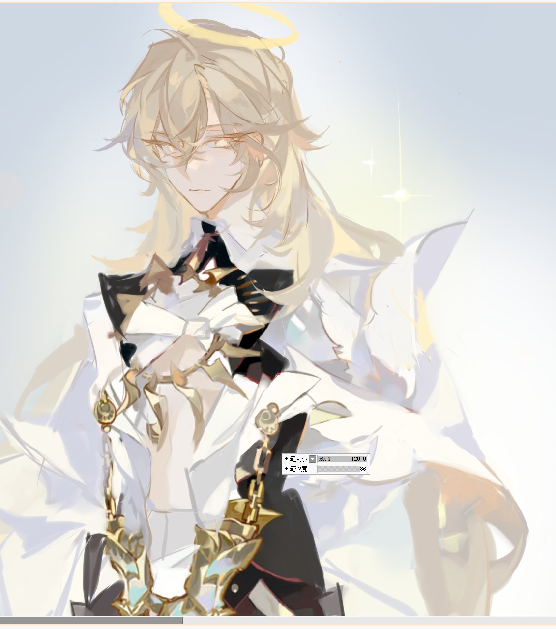 liulianjingrua, original, hashtag-only commentary, highres, 1boy, bishounen, blonde hair, chain, english text, hair between eyes, halo, long hair, long sleeves, looking at viewer, male focus, shirt, simple background, solo, yellow eyes