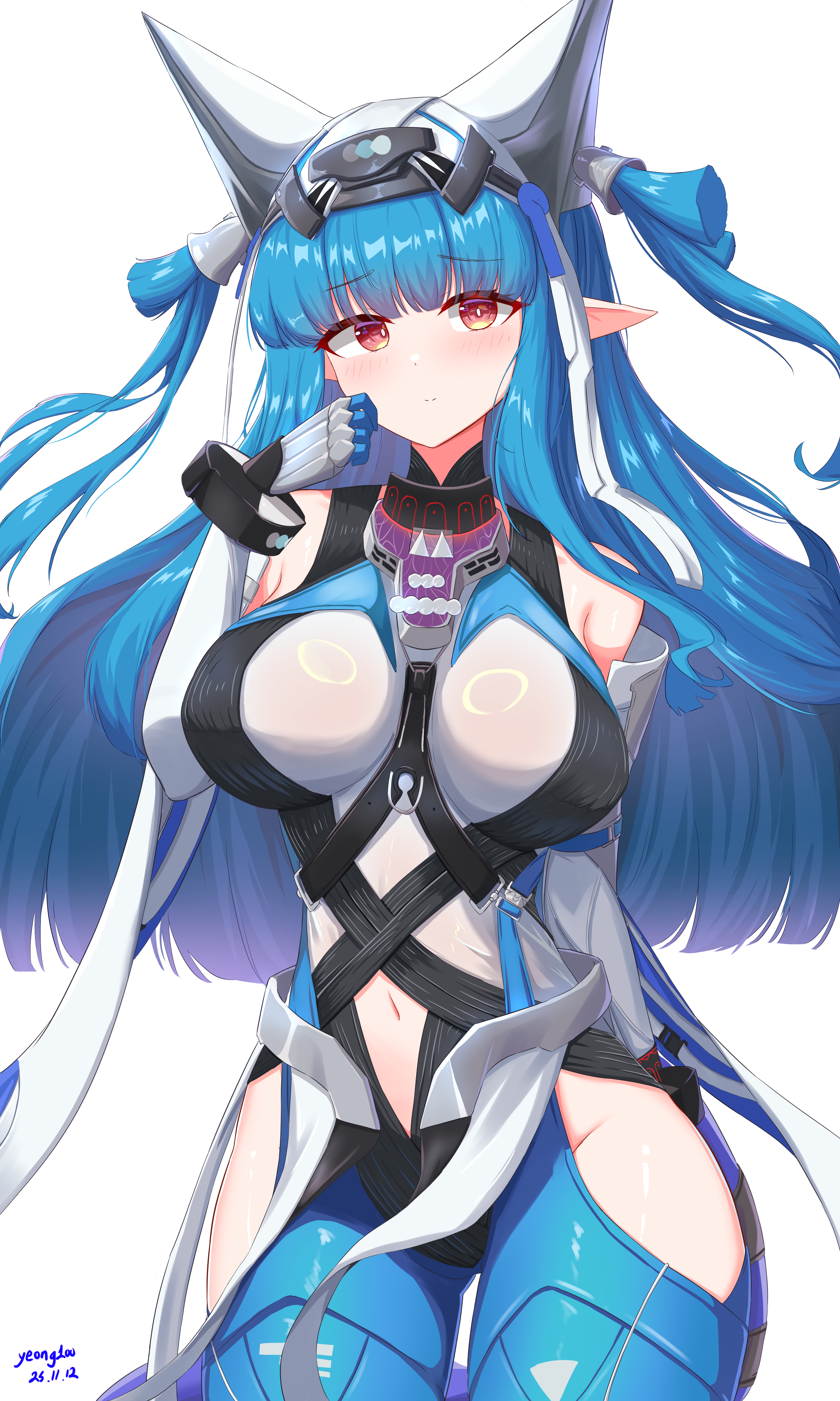 yeong100, arknights, arknights: endfield, absurdres, commentary, highres, 1girl, artist name, blue hair, blue pantyhose, blush, breasts, bright pupils, closed mouth, clothing cutout, cowboy shot, dated, groin, hand on own cheek, hand on own face, hip vent, large breasts, last rite (arknights), light smile, long hair, looking at viewer, navel, orange eyes, pantyhose, pointy ears, simple background, solo, standing, white background, white pupils