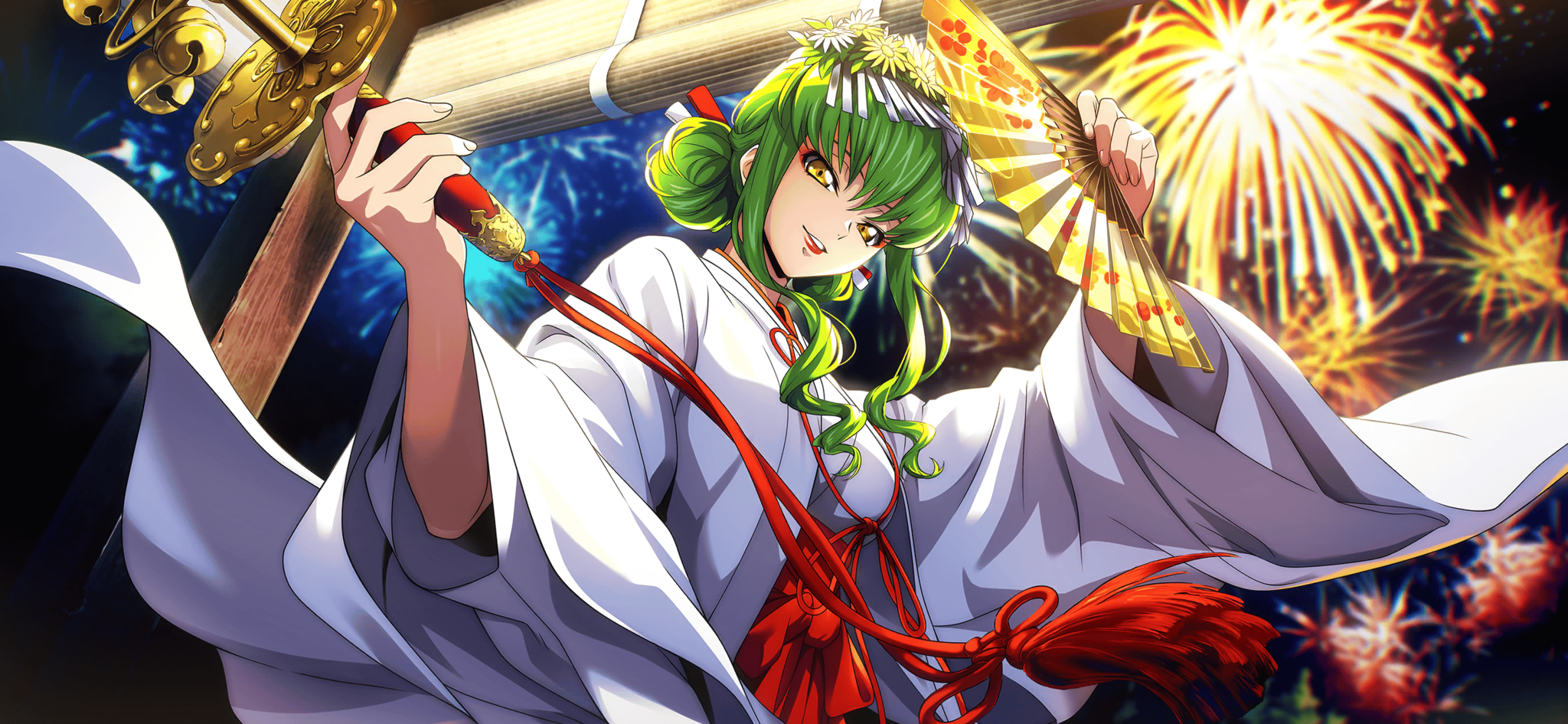 f4samurai, c.c., code geass, code geass: lost stories, commentary request, game cg, highres, non-web source, official art, 1girl, chihaya (clothing), green hair, hakama, hakama skirt, japanese clothes, kimono, long hair, miko, red hakama, skirt, smile, solo, white kimono, yellow eyes