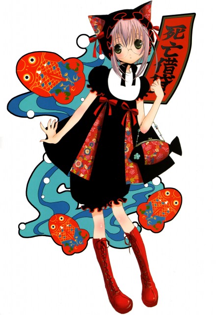 kita michiru, zombie loan, 00s, animal ears, boots, cat ears, dress, fish, glasses, green eyes, pink hair, ribbon, short hair, solo