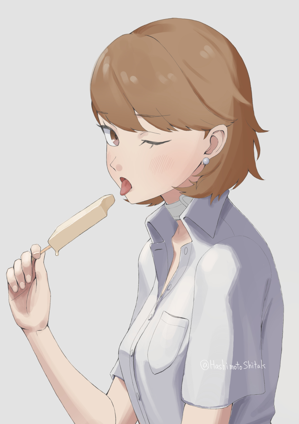 papapa yoisyo, takeba yukari, persona, persona 3, blush, breasts, brown eyes, brown hair, earrings, eating, food, jewelry, looking at viewer, looking to the side, melting popsicle, popsicle, shirt, short hair, short sleeves, tongue, tongue out