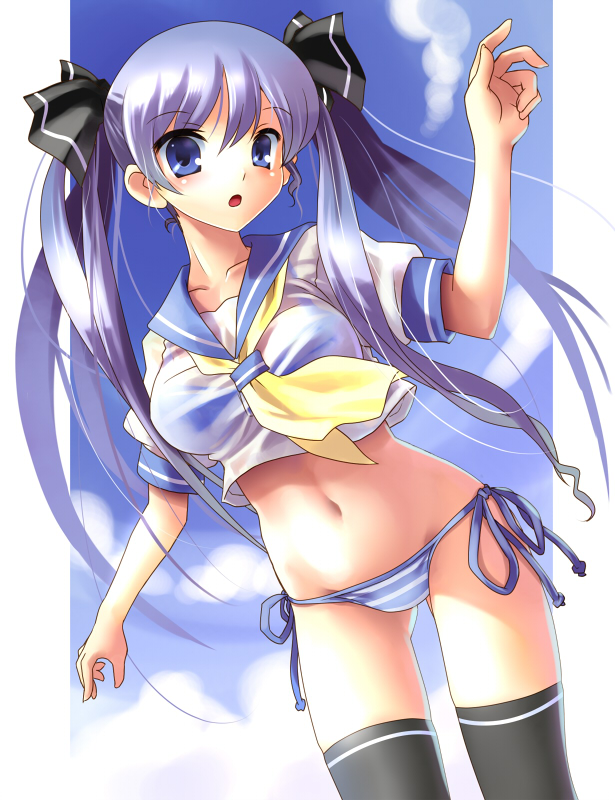 katahira masashi, original, light purple hair, 1girl, bikini, bikini bottom only, bikini under clothes, blue eyes, bottomless, cowboy shot, crop top, female focus, long hair, navel, no pants, panties, school uniform, see-through clothes, serafuku, side-tie bikini bottom, solo, striped bikini, striped clothes, striped panties, swimsuit, thighhighs, twintails, underwear