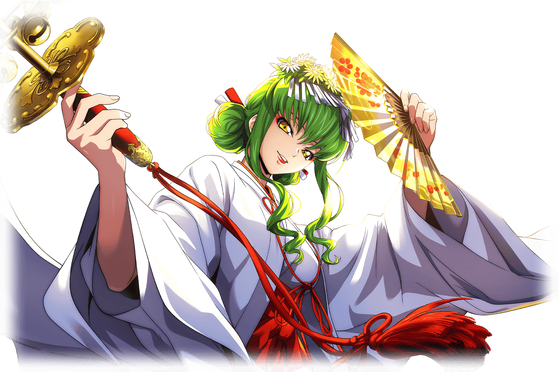 f4samurai, c.c., code geass, code geass: lost stories, commentary request, game cg, highres, non-web source, official art, 1girl, chihaya (clothing), green hair, hakama, hakama skirt, japanese clothes, kimono, long hair, miko, red hakama, skirt, smile, solo, white kimono, yellow eyes