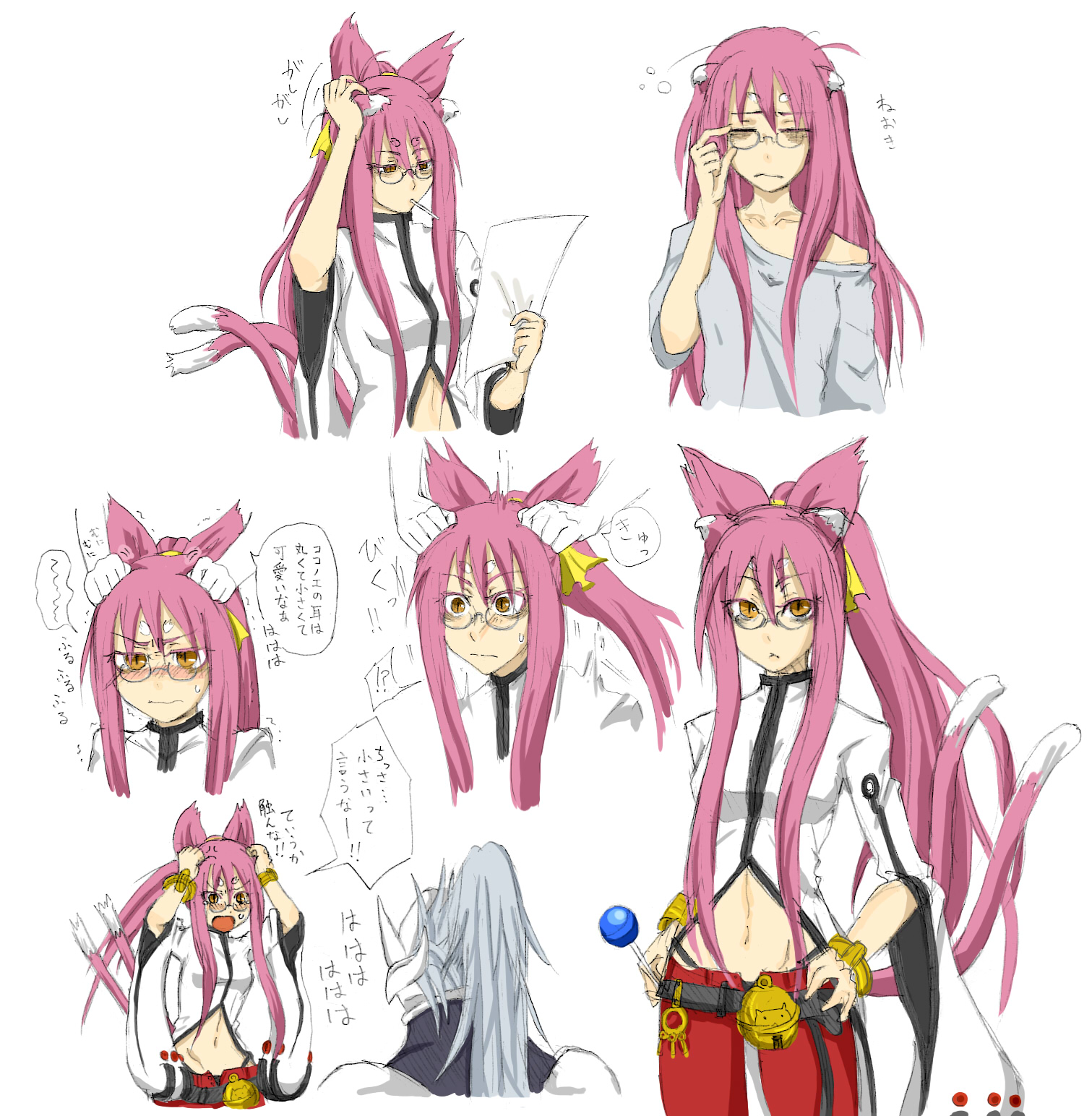 pibiko, hakumen, kokonoe (blazblue), arc system works, blazblue, blazblue: calamity trigger, highres, translation request, 1girl, adjusting eyewear, angry, animal ears, candy, cat ears, cat tail, food, glasses, hair down, lollipop, long hair, massage, midriff, multiple tails, panties, pants, pince-nez, pink hair, red pants, sleepy, tail, tsundere, underwear