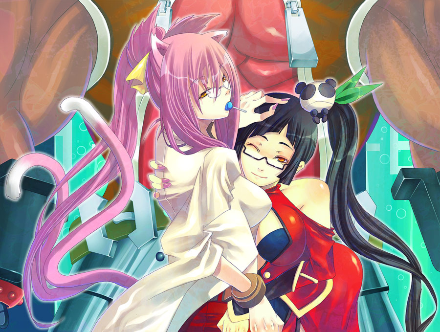 noran, iron tager, kokonoe (blazblue), lao jiu, litchi faye ling, arc system works, blazblue, blazblue: calamity trigger, 2girls, animal ears, bare shoulders, black hair, bracelet, breasts, brown eyes, candy, cat ears, cat girl, cat tail, china dress, chinese clothes, cleavage, cleavage cutout, clothing cutout, dress, female focus, food, glasses, jewelry, lab coat, lollipop, long hair, looking back, medium breasts, multiple girls, multiple tails, nail polish, panda, pince-nez, pink hair, ponytail, ribbon, tail, yellow eyes, yellow ribbon