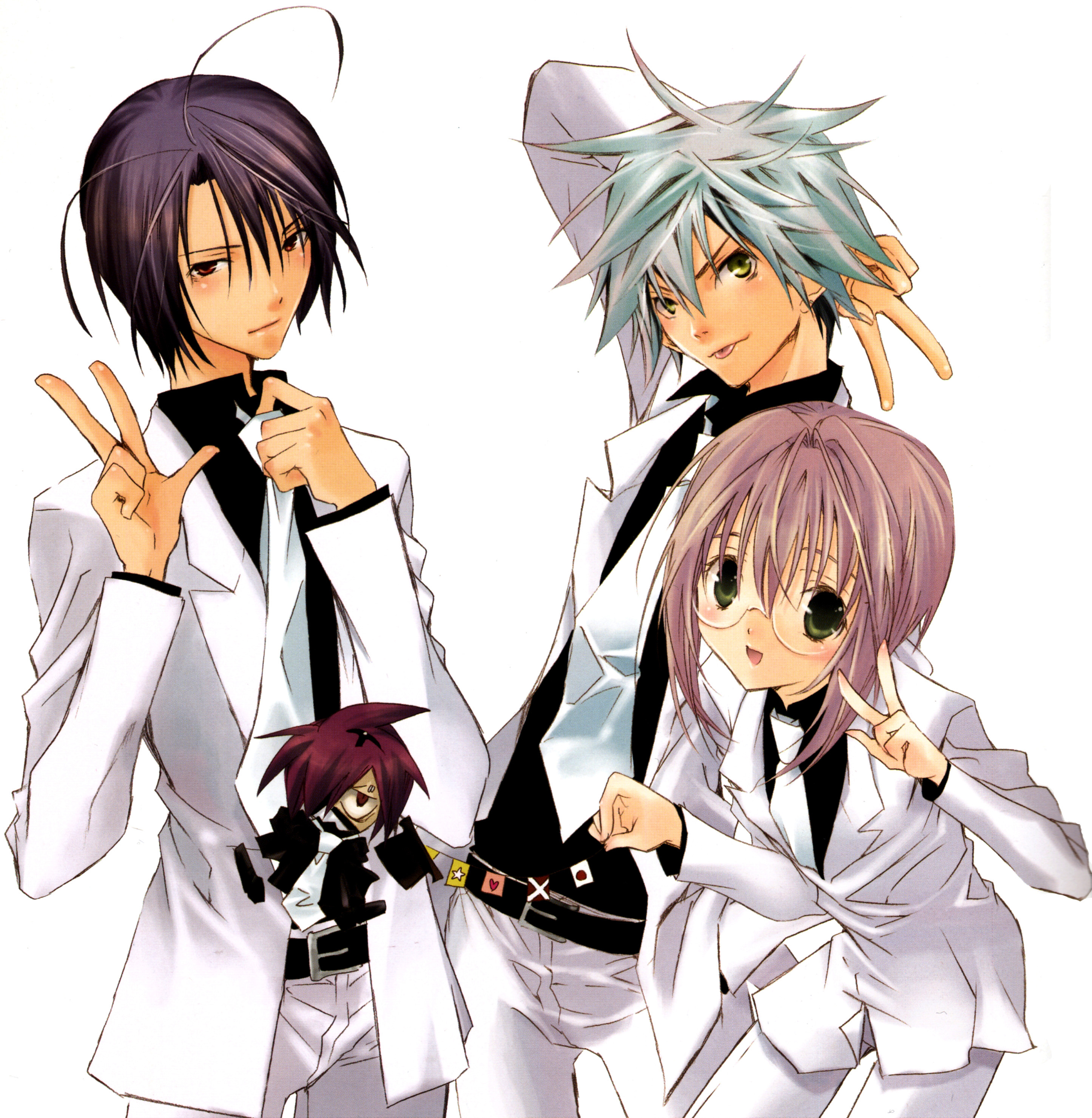 akatsuki chika, kita michiru, shinigami (zombie loan), tachibana shito, zombie loan, absurdres, highres, 00s, 1girl, 2boys, blush, glasses, green eyes, multiple boys, pink hair, short hair, smile, v