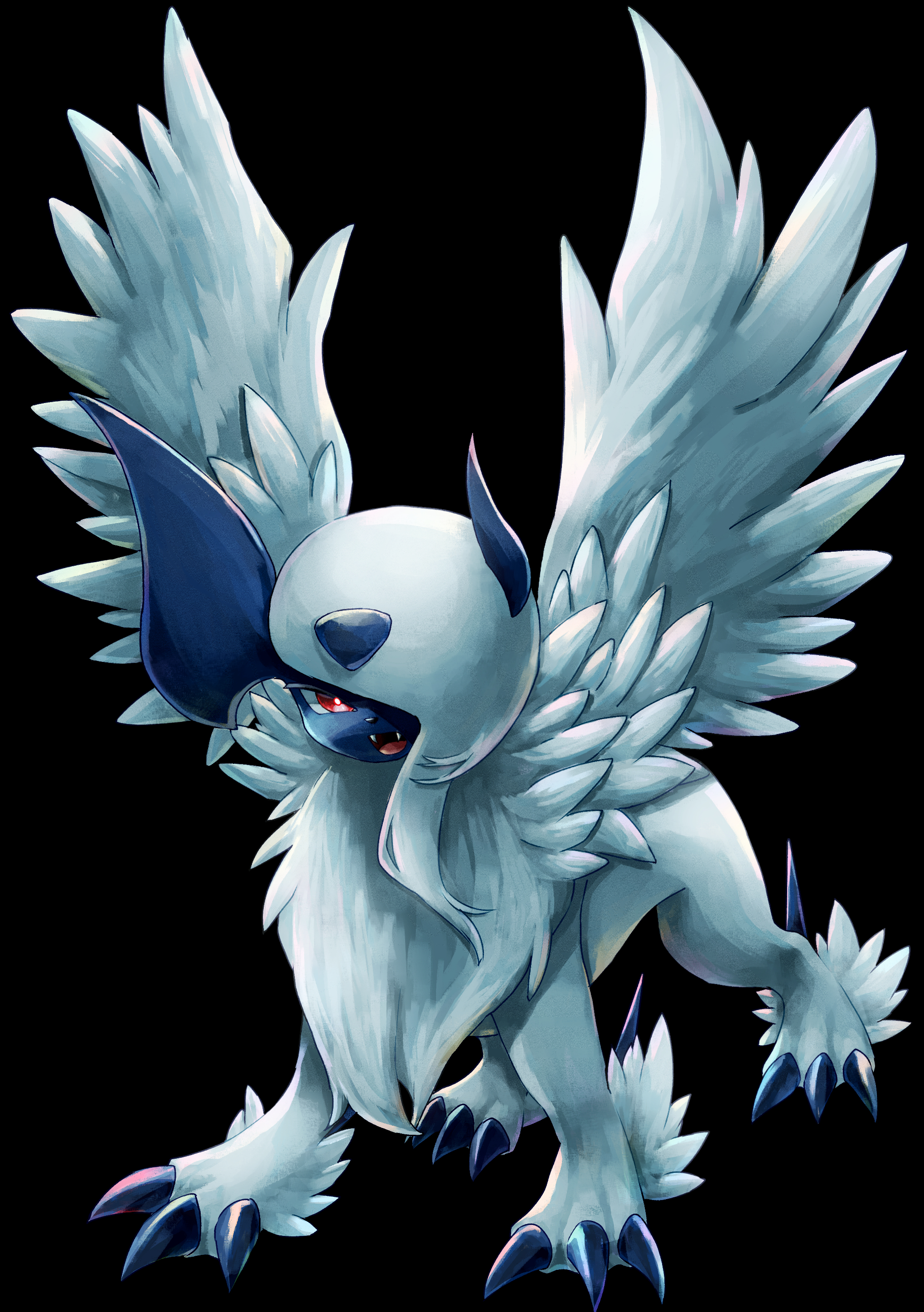 i my mo55, absol, mega absol, nintendo, pokemon, absurdres, highres, animal focus, asymmetrical horns, black background, blue horns, body fur, claws, fangs, feathered wings, gen 3 pokemon, hair over one eye, horns, looking at viewer, mega pokemon, neck fur, no humans, one eye covered, open mouth, pokemon (creature), pokemon focus, red eyes, simple background, solo, uneven horns, white fur, white hair, white wings, wings