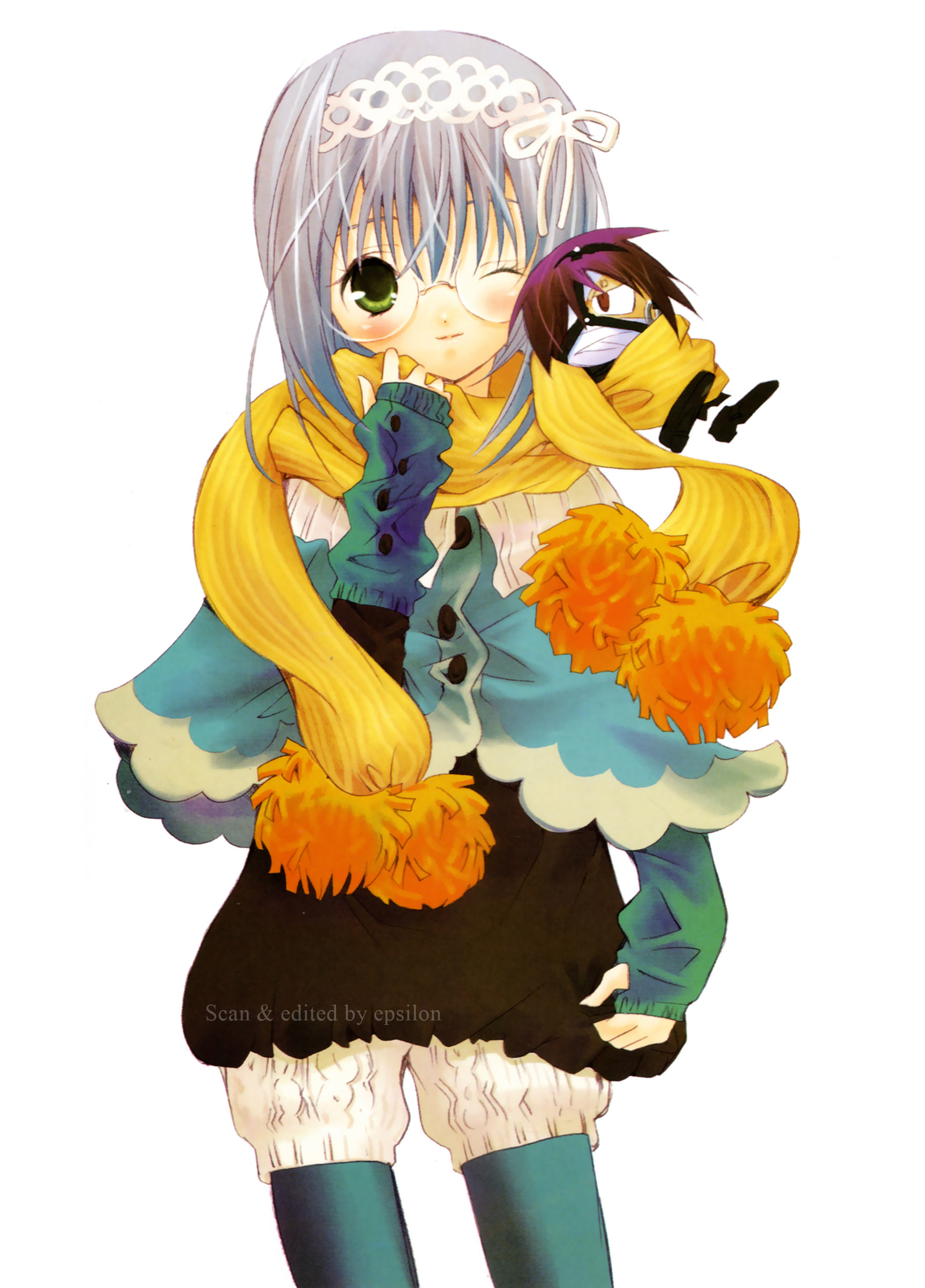 kita michiru, shinigami (zombie loan), zombie loan, silver hair, absurdres, highres, 00s, blush, glasses, green eyes, hairband, one eye closed, pantyhose, scarf, short hair, simple background, smile, wink