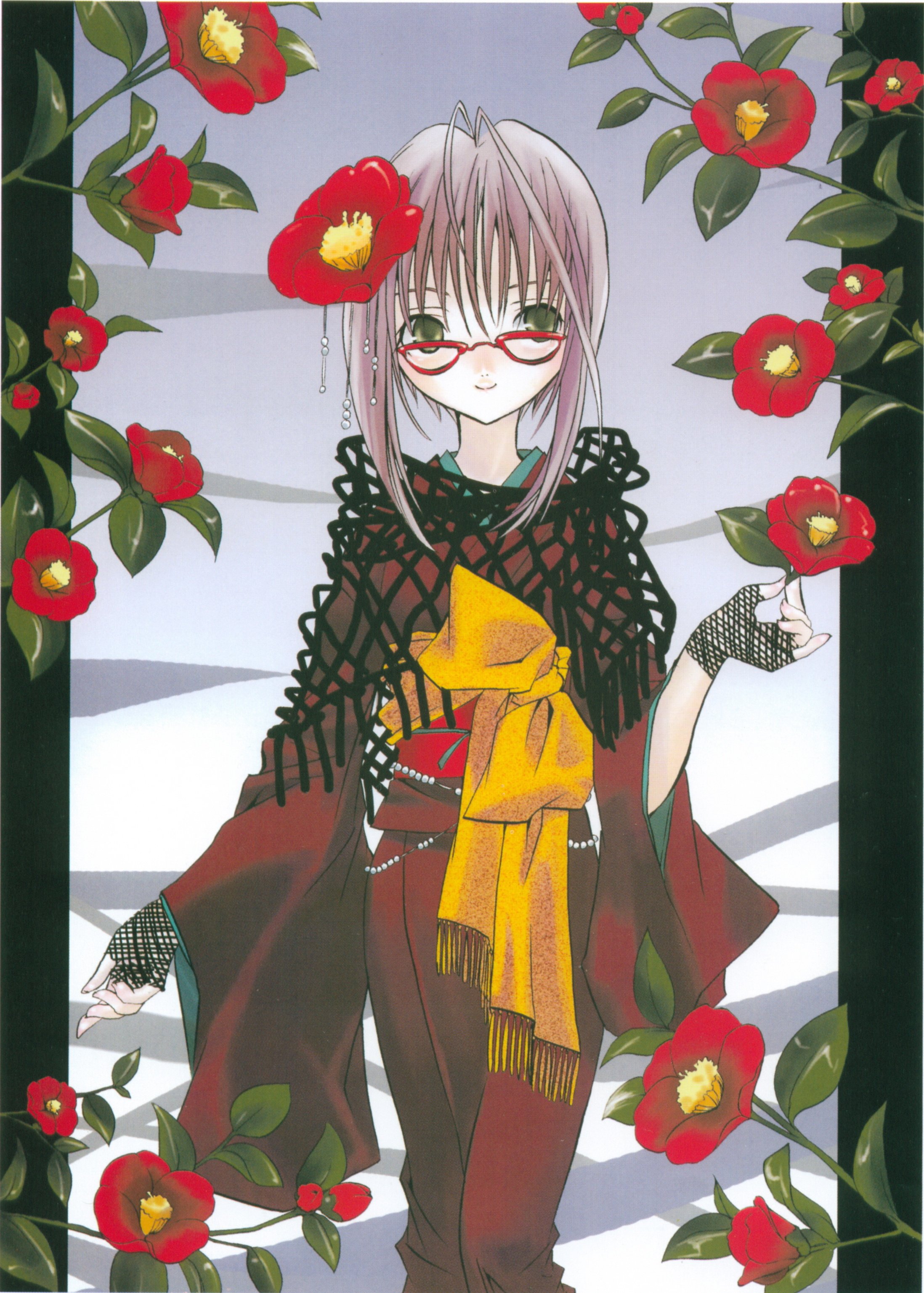 kita michiru, zombie loan, absurdres, highres, 00s, antenna hair, cowboy shot, flower, glasses, pink hair, ribbon, short hair, smile, solo, standing, yellow eyes