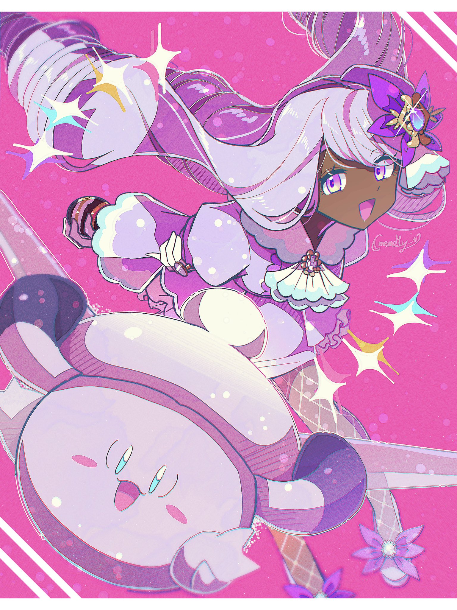 fukkatsu no maya, clefable, jacinthe (pokemon), mega clefable, nintendo, pokemon, pokemon legends: z-a, highres, 1girl, ascot, blush, blush stickers, dark-skinned female, dark skin, dress, fascinator, fishnet pantyhose, fishnets, frilled ascot, frills, gen 1 pokemon, gloves, hair ornament, holding, holding poke ball, juliet sleeves, long hair, long sleeves, looking at viewer, low drills, mega stone, open mouth, pantyhose, pink background, poke ball, pokemon (creature), puffy sleeves, purple dress, purple eyes, purple hair, smile, star (symbol), very dark skin, white gloves, wings