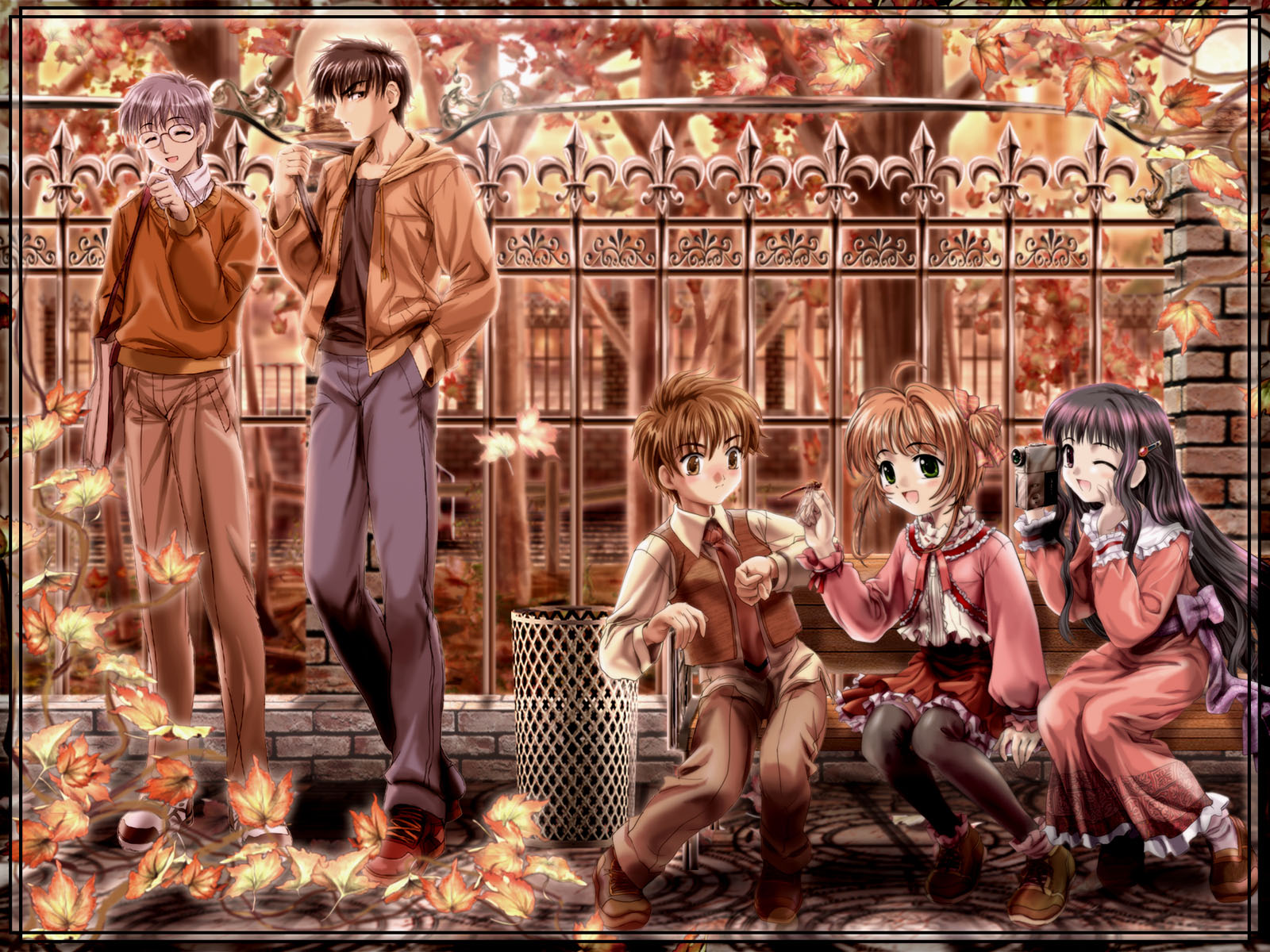 mutsuki (moonknives), daidouji tomoyo, kinomoto sakura, kinomoto touya, li syaoran, tsukishiro yukito, cardcaptor sakura, kodansha, silver hair, highres, 1990s (style), 2girls, 3boys, autumn, bench, black hair, blue eyes, brown hair, child, dress, fence, green eyes, leaf, multiple boys, multiple girls, pants, retro artstyle, sitting, thighhighs, trash can