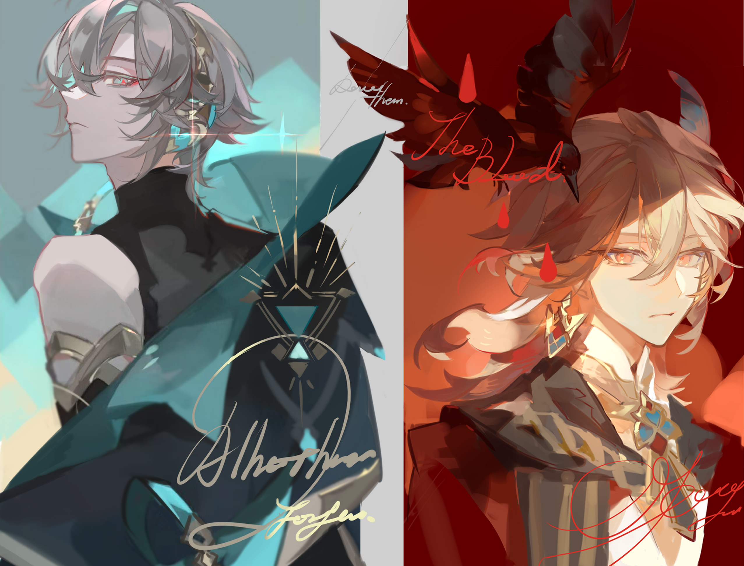 liulianjingrua, alhaitham (genshin impact), kaveh (genshin impact), genshin impact, hashtag-only commentary, highres, 2boys, bird, blonde hair, cape, capelet, earrings, english text, grey hair, hair between eyes, jewelry, long hair, looking at viewer, looking back, male focus, multiple boys, red eyes, shirt, short hair, sleeveless, sleeveless turtleneck, turtleneck, upper body