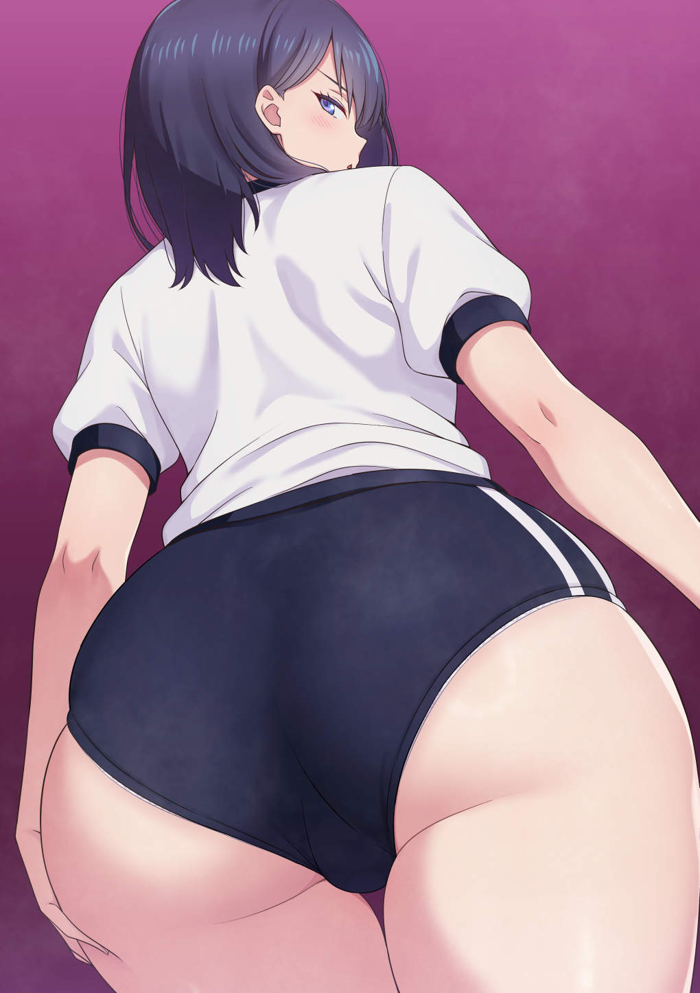 mibushiro, takarada rikka, gridman universe, ssss.gridman, highres, 1girl, :o, alternate costume, ass, ass focus, black buruma, black hair, blue eyes, buruma, from behind, from below, gym shirt, gym uniform, huge ass, looking at viewer, looking back, medium hair, panties, panties under buruma, panty peek, parted lips, puffy short sleeves, puffy sleeves, purple background, shirt, short sleeves, simple background, solo, standing, steaming body, thick thighs, thighs, underwear, white panties, wide hips