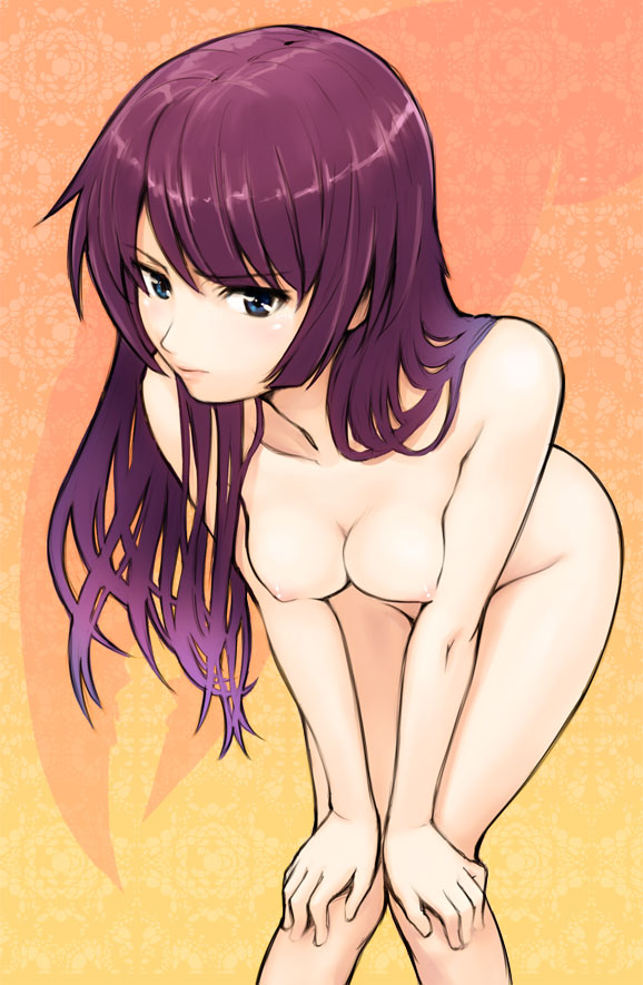 homunculus (alchemynote), senjougahara hitagi, bakemonogatari, monogatari (series), 00s, 1girl, bent over, blue eyes, breasts, breasts squeezed together, completely nude, female focus, groin, hands on own knees, knees together feet apart, leaning forward, long hair, nipples, nude, purple hair, solo