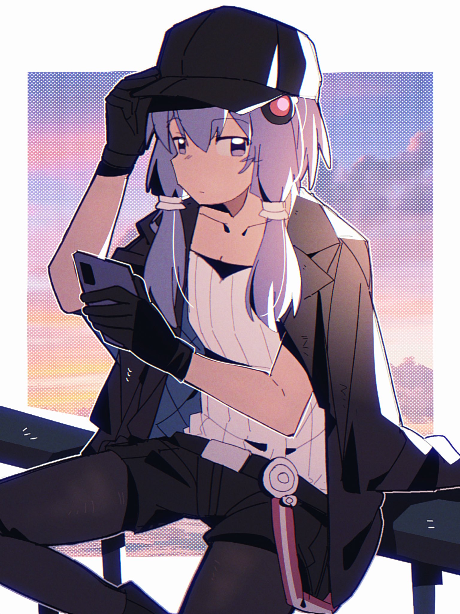 nimingduz, yuzuki yukari, yuzuki yukari (nagi), a.i. voice, voiceroid, commentary, highres, symbol-only commentary, 1girl, adjusting clothes, adjusting headwear, backlighting, baseball cap, belt, ben-day dots, black boots, black gloves, black hat, black jacket, black pantyhose, black shorts, boots, border, cellphone, closed mouth, collarbone, expressionless, gloves, hair ornament, hat, holding, holding phone, jacket, jacket on shoulders, jewelry, low-tied sidelocks, on fence, pantyhose, pantyhose under shorts, phone, purple eyes, purple hair, screentones, shirt, short hair with long locks, short shorts, shorts, sidelocks, sitting, sky, sleeveless, sleeveless shirt, smartphone, solo, twilight, white border, white shirt