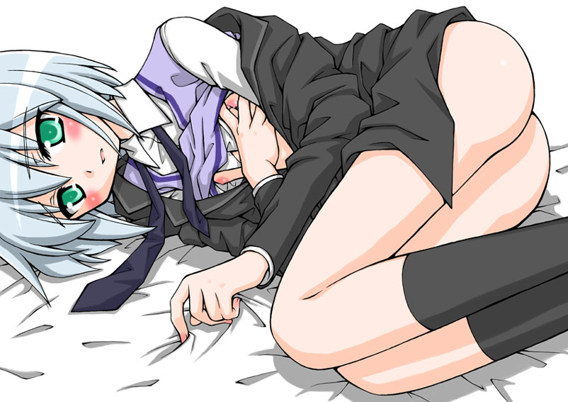 kashiwamochi yomogi, juri sawaragi, battle spirits, battle spirits: shounen toppa bashin, silver hair, bad id, bad pixiv id, 00s, 1boy, aqua eyes, ass, bed, bed sheet, blush, bottomless, clothes lift, flat chest, green eyes, lying, male focus, necktie, nipples, off shoulder, on side, school uniform, sheet grab, shirt lift, smile, socks, solo, sweater vest, trap, vest