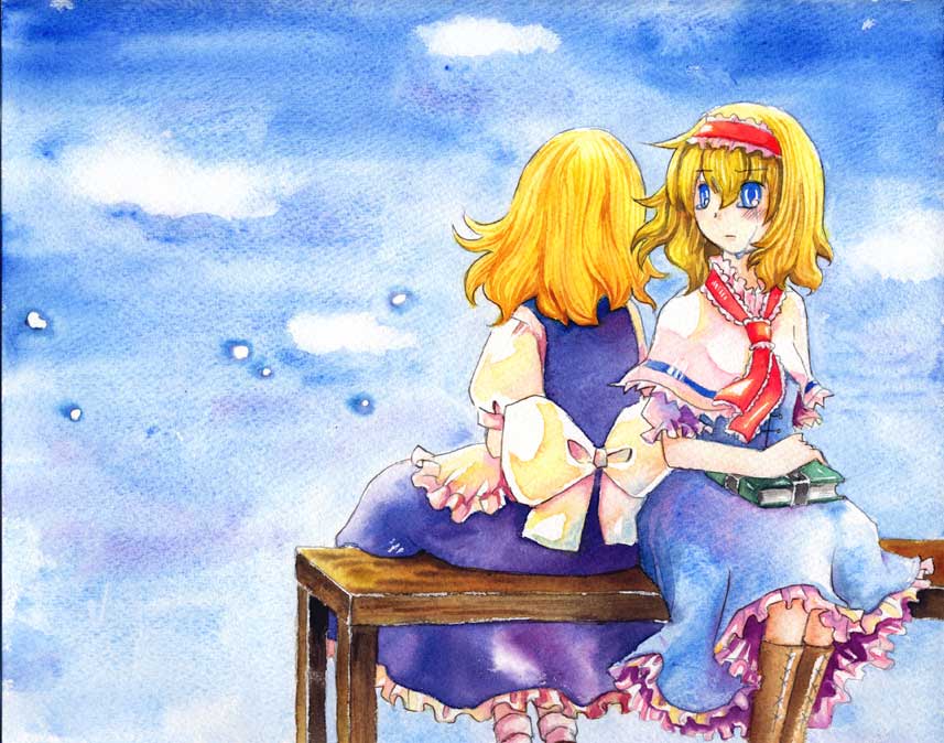 shiroaisa, alice margatroid, kirisame marisa, touhou, painting (medium), traditional media, watercolor (medium), 2girls, blonde hair, blue eyes, book, boots, female focus, multiple girls, short hair, tears