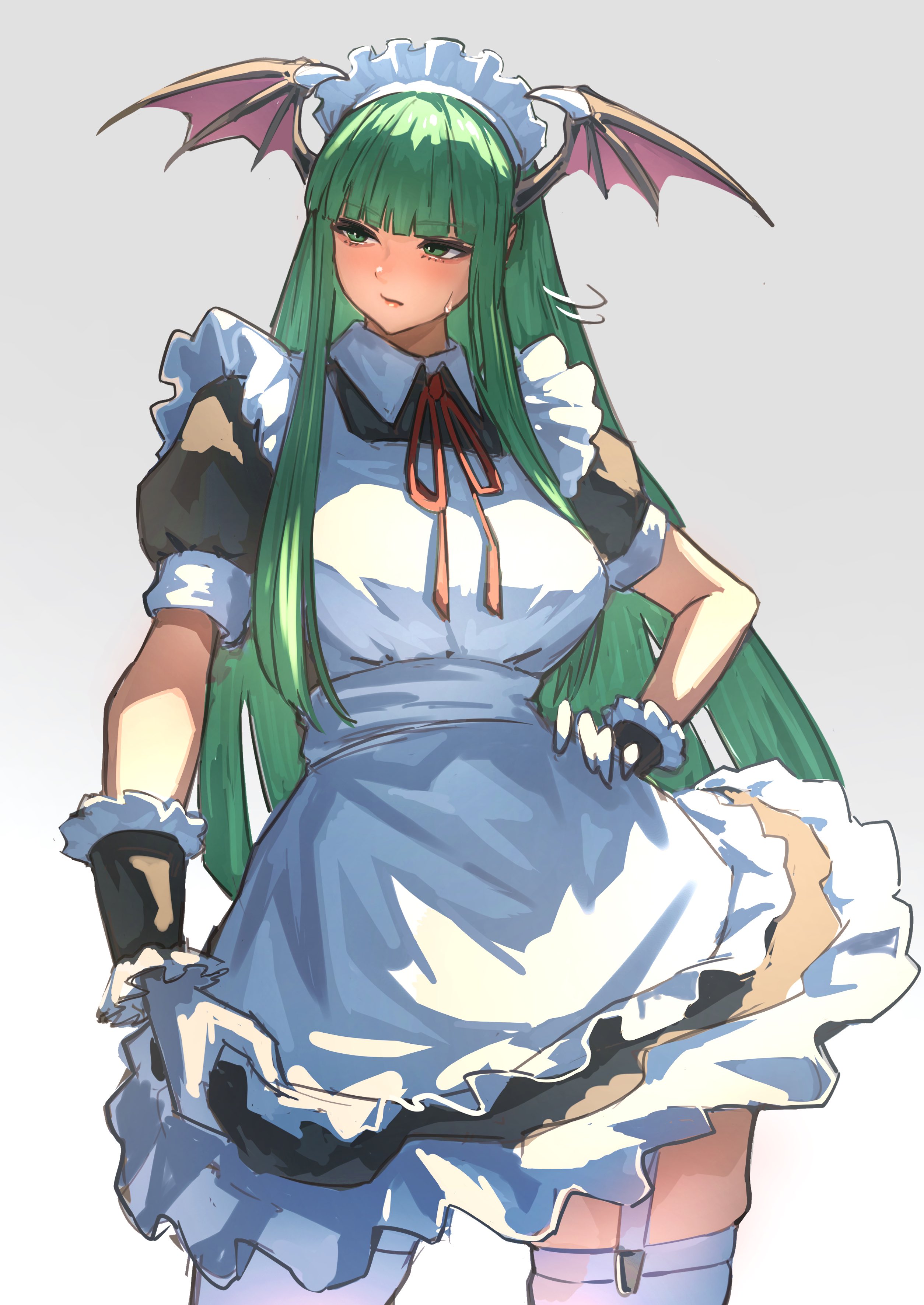 ap cammy, morrigan aensland, darkstalkers, absurdres, commentary request, highres, 1girl, alternate costume, apron, bat wings, breasts, collar, cowboy shot, demon girl, demon wings, enmaided, frills, garter straps, gloves, green eyes, green hair, grey background, hand on own hip, head wings, large breasts, long hair, looking to the side, maid, maid apron, maid headdress, puffy short sleeves, puffy sleeves, red ribbon, ribbon, short sleeves, sidelocks, simple background, skindentation, solo, sweatdrop, thighhighs, very long hair, white gloves, wings, wrist cuffs
