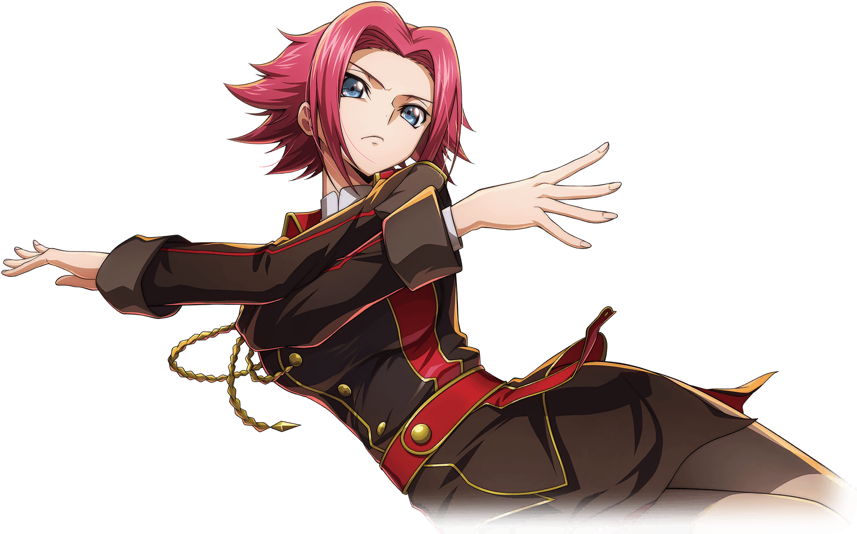 f4samurai, kouzuki kallen, code geass, code geass: lost stories, game cg, highres, official art, 1girl, blue eyes, blush, breasts, buttons, closed mouth, jacket, large breasts, military dress uniform, military jacket, military uniform, naval dress uniform, naval uniform, red hair, short hair, solo