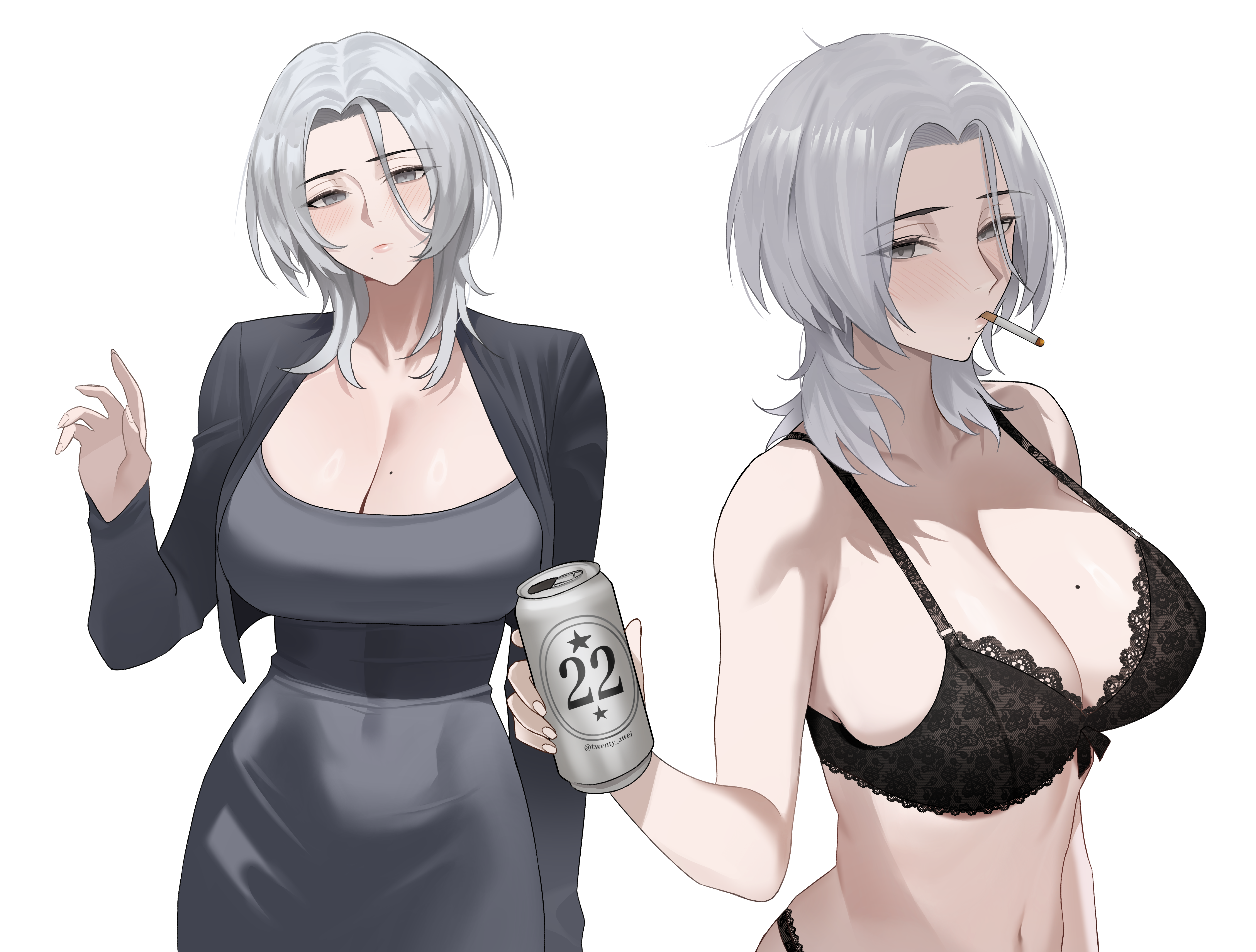 twentytwo (twenty zwei), original, absurdres, commentary, highres, 1girl, bare shoulders, beer can, black bra, blush, bra, breasts, can, cigarette, closed mouth, collarbone, dongtan dress, dress, drink can, grey dress, grey eyes, grey hair, grey jacket, hand up, holding, holding can, huge breasts, jacket, long hair, looking at viewer, medium hair, mole, mole on breast, mole under mouth, multiple views, navel, open clothes, open jacket, simple background, stomach, underwear, white background