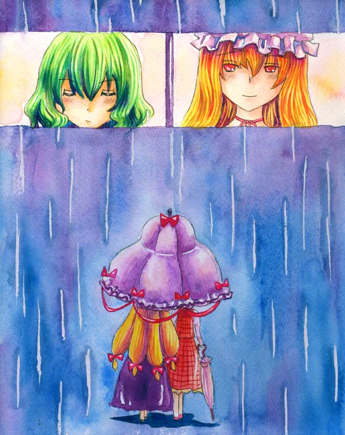 shiroaisa, kazami yuuka, yakumo yukari, touhou, commentary, painting (medium), traditional media, watercolor (medium), 2girls, ai ai gasa, blonde hair, closed eyes, female focus, green hair, long hair, multiple girls, rain, red eyes, shared umbrella, short hair, umbrella