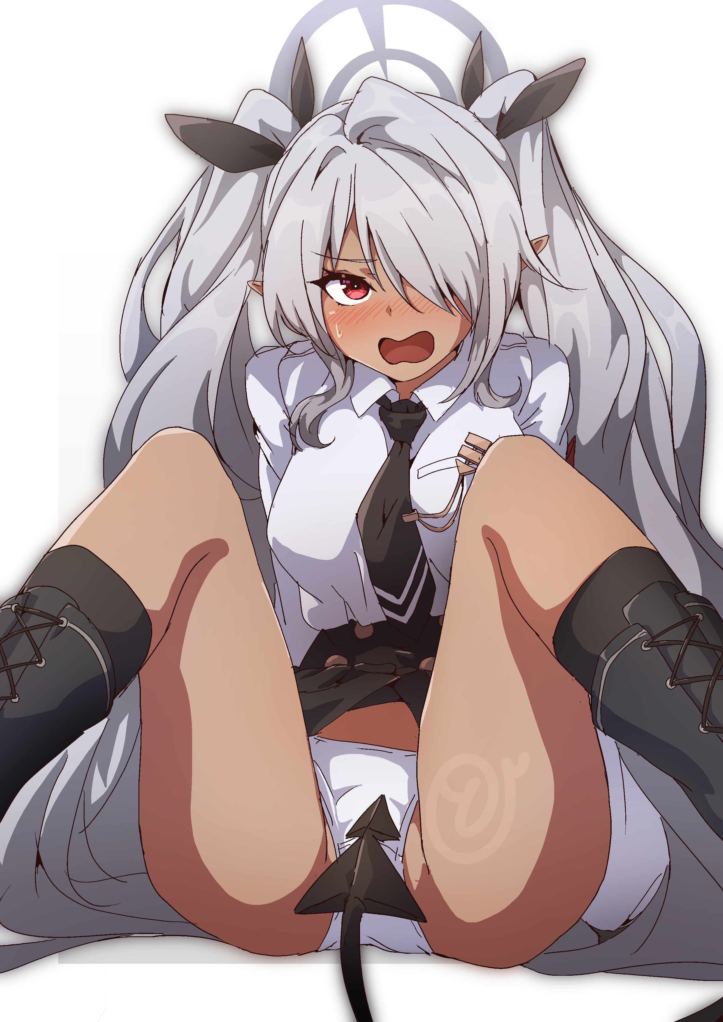 to (tototo tk), iori (blue archive), blue archive, absurdres, highres, 1girl, black skirt, blush, boots, breasts, dark-skinned female, dark skin, demon tail, grey hair, hair over one eye, hair ribbon, halo, knee boots, knees up, long hair, pointy ears, red eyes, ribbon, shirt, skirt, solo, spread legs, tail, twintails, very long hair, white background, white shirt