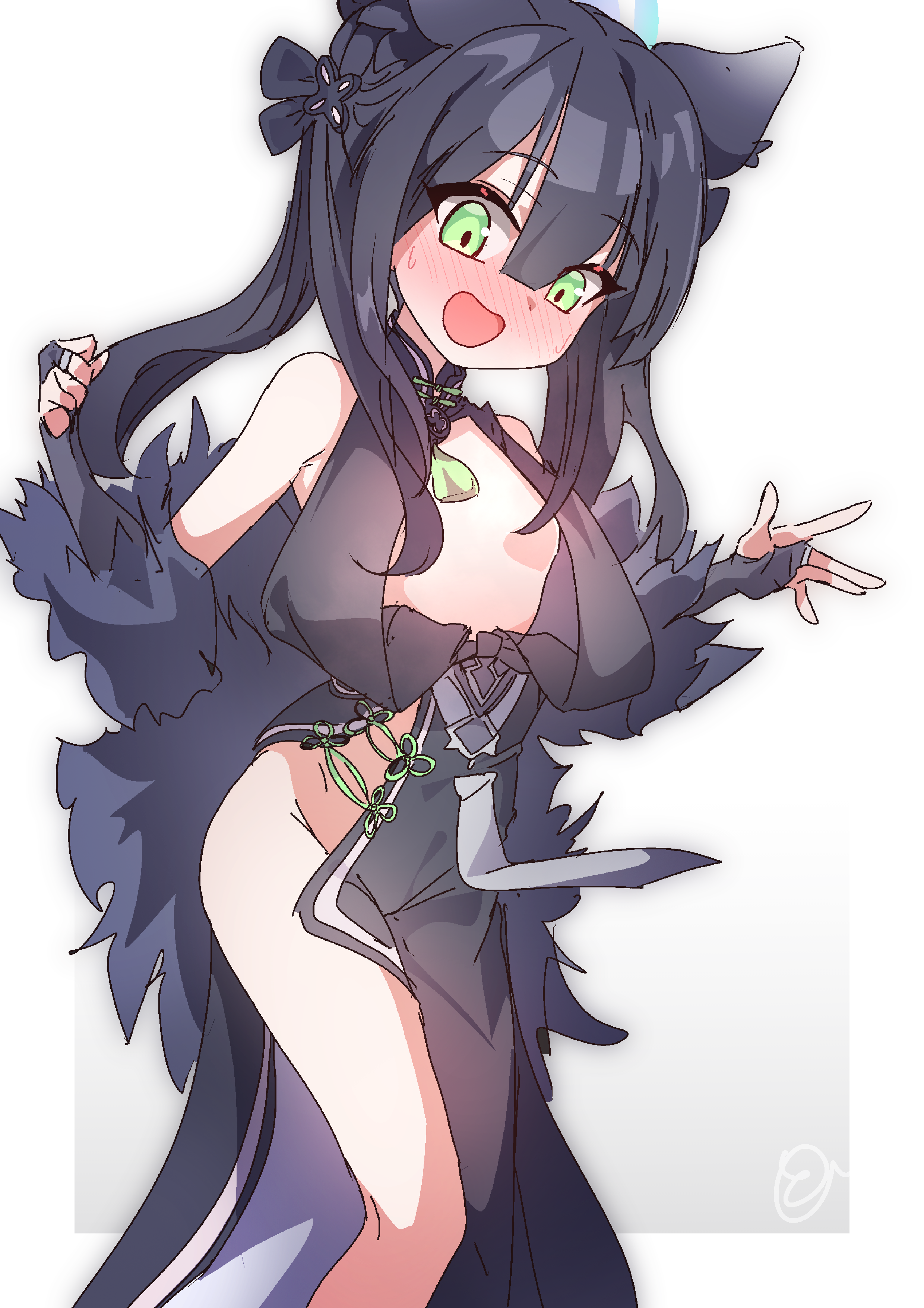 to (tototo tk), shun (blue archive), shun (small) (blue archive), blue archive, absurdres, highres, 1girl, aged down, animal ears, black hair, blush, breasts, green eyes, long hair, open mouth, simple background, small breasts, solo, standing, white background