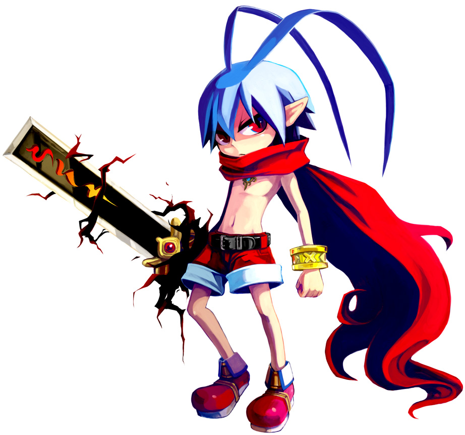 aiko (nothing for), aiko (pixiv), laharl, disgaea, 1boy, antenna hair, blue hair, male focus, red eyes, red shorts, scarf, shorts, solo, sword, topless male, weapon, white background